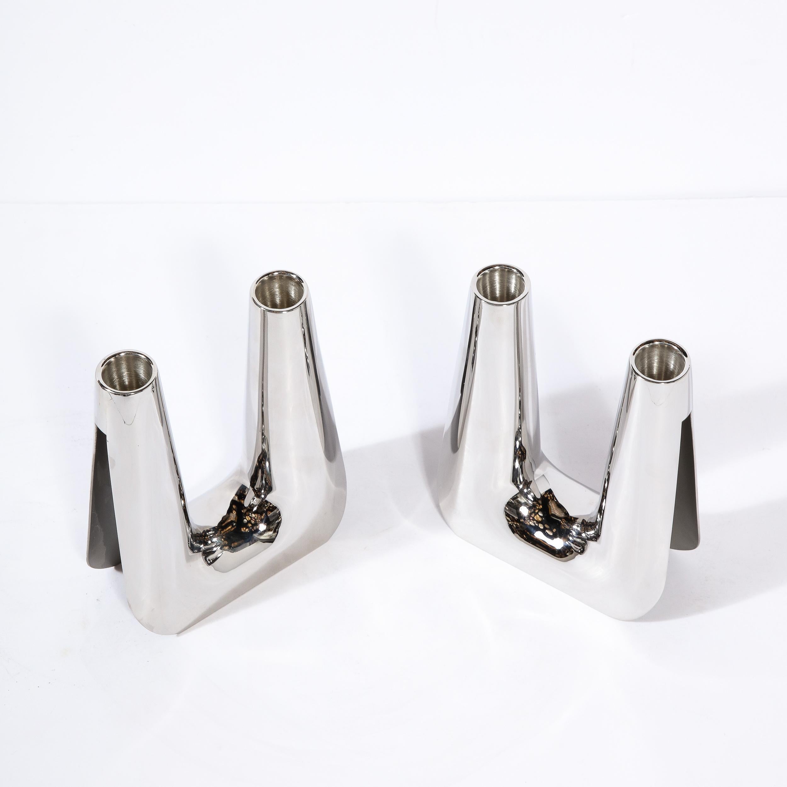 Pair of Valley Form Two Light Candelabras in Stainless Steel by Georg Jensen In Excellent Condition For Sale In New York, NY