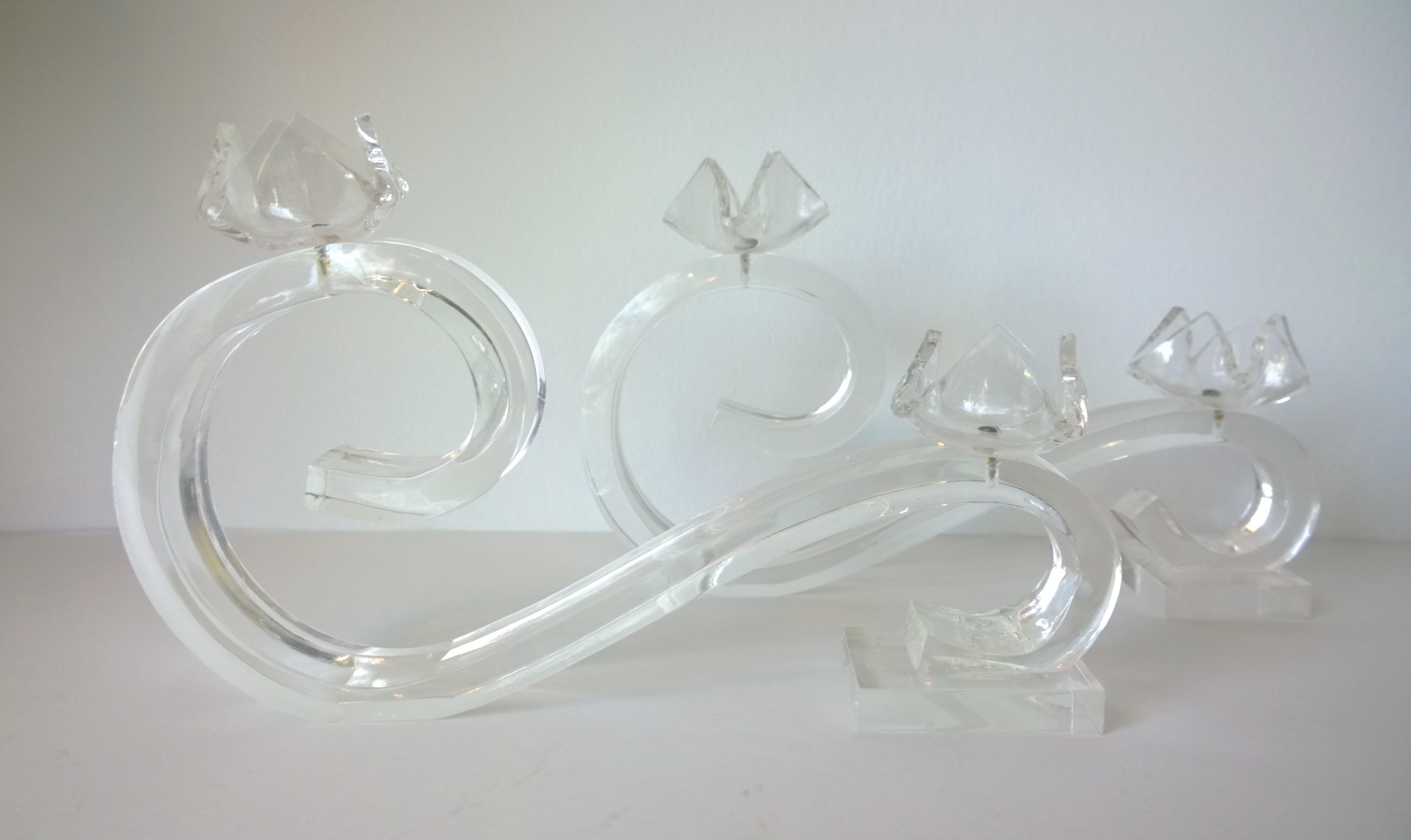 Pair of Van Teal Hollywood Glam Scrolled Lucite Two-Light Candlestick Holders In Good Condition For Sale In Houston, TX