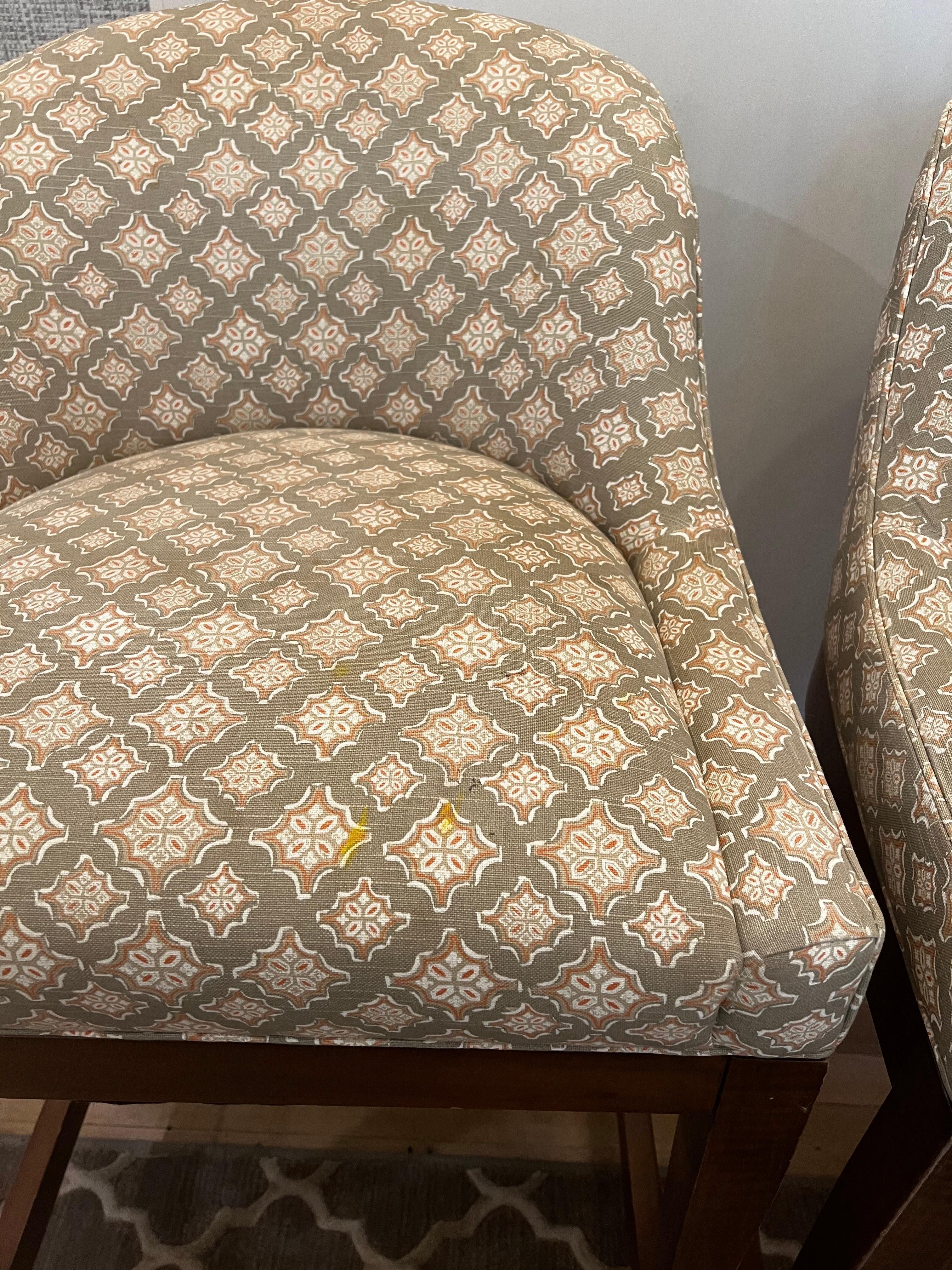 Beautiful pair of Vanguard Calloway Swivel Counter Stools.
Custom upholstery.   Antique Brass kickplate. 

Overall good used condition.  One cushion has yellow stain (See images).

Retail for $3,000 each.   Selling as a pair for less than one. 