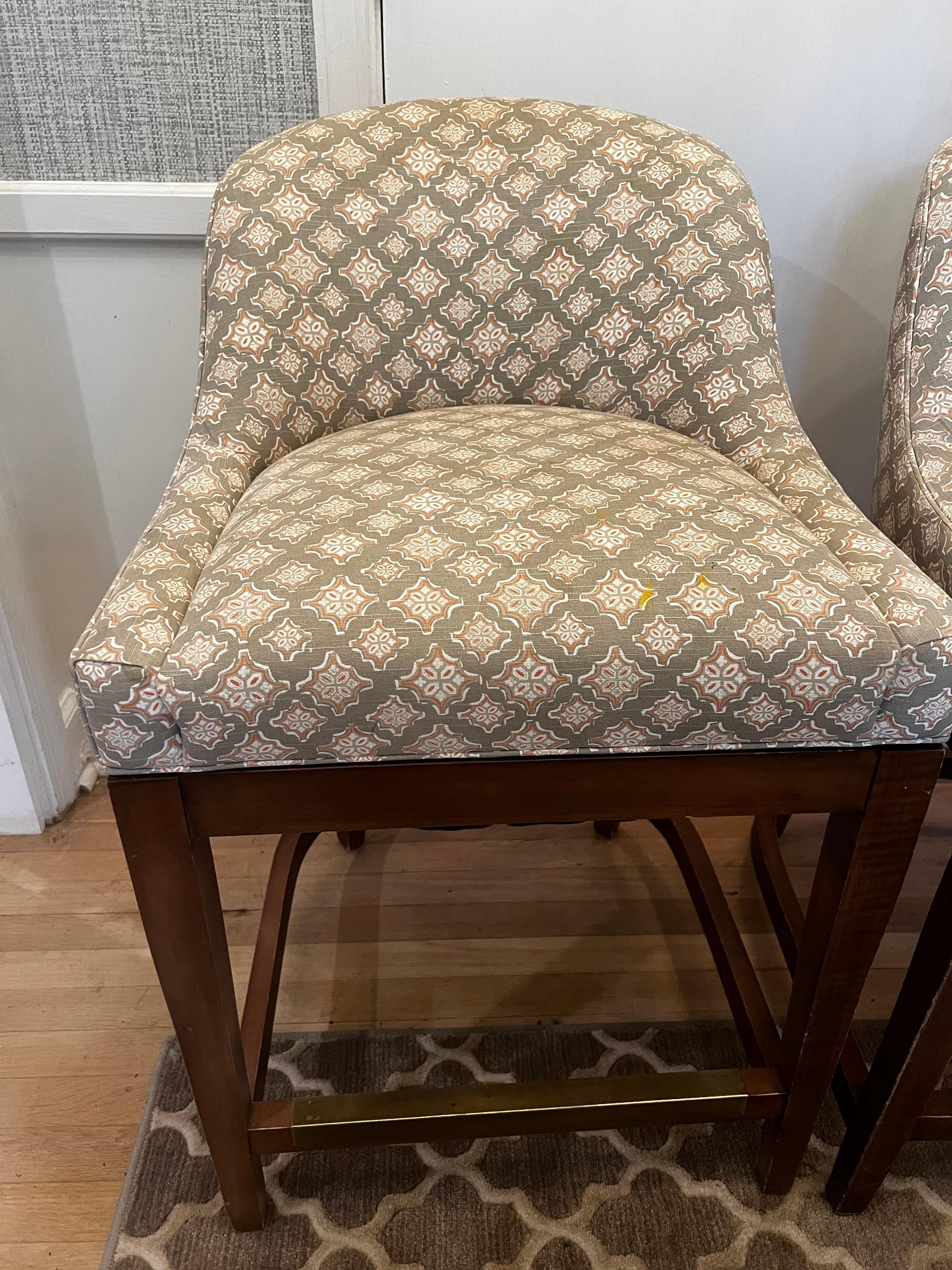 Hollywood Regency Pair of Vanguard Calloway Upholstered Swivel Counter Stools For Sale