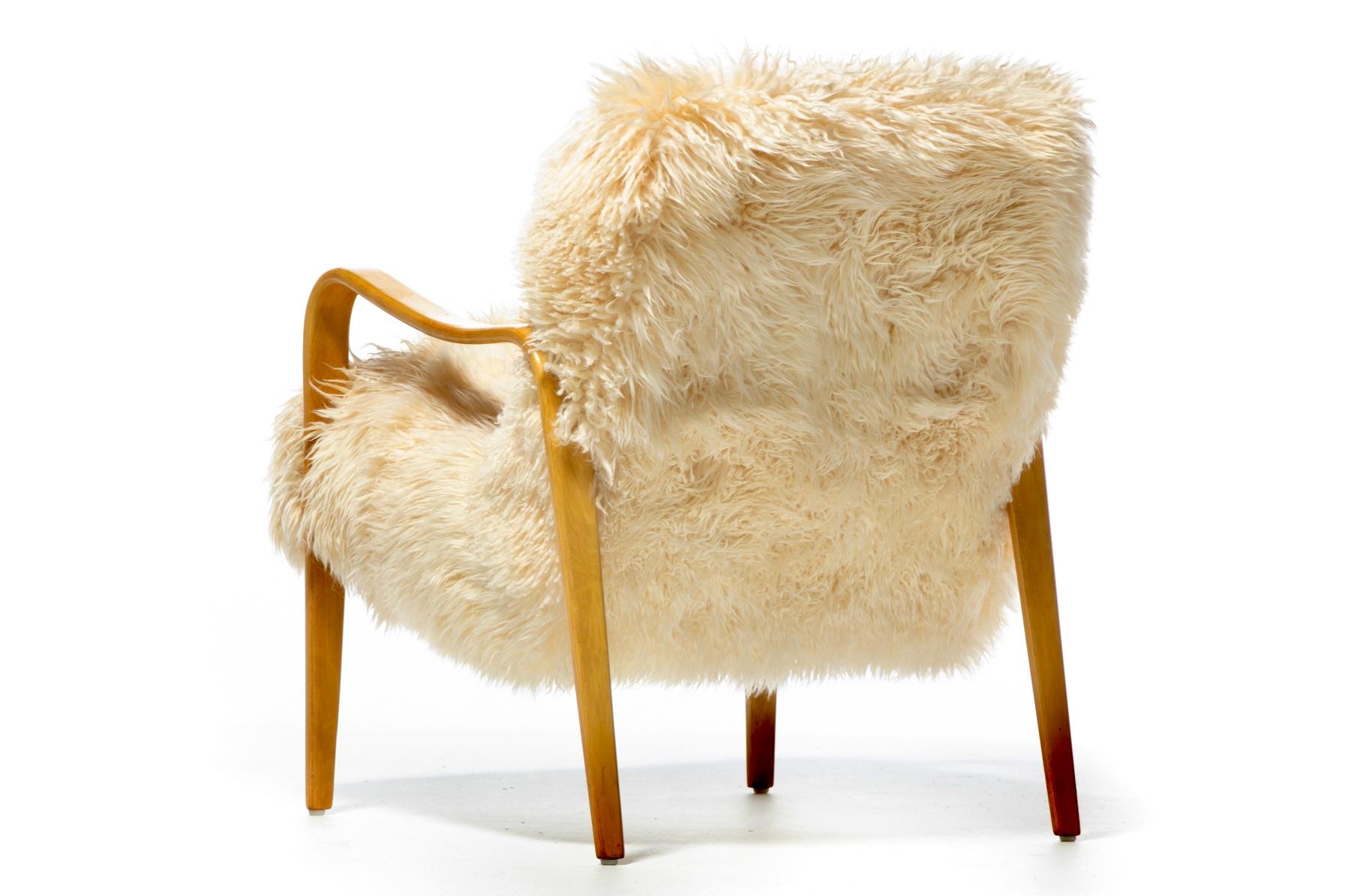 Pair of Vanilla Creme Sheepskin Lounge Chairs with Bentwood Arms by Thonet 5