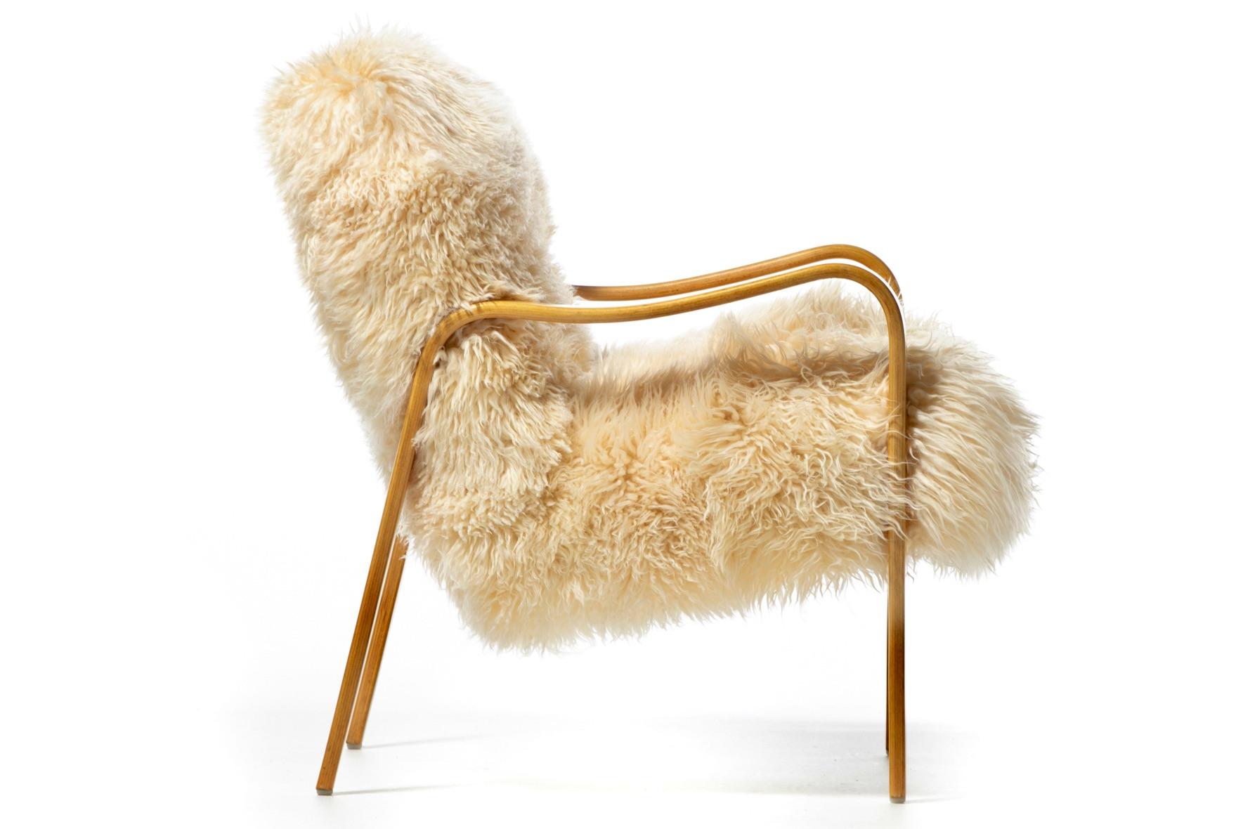 Pair of Vanilla Creme Sheepskin Lounge Chairs with Bentwood Arms by Thonet 8