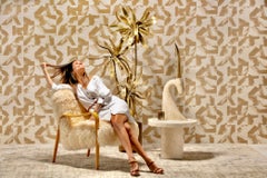 Pair of Vanilla Creme Sheepskin Lounge Chairs with Bentwood Arms by Thonet