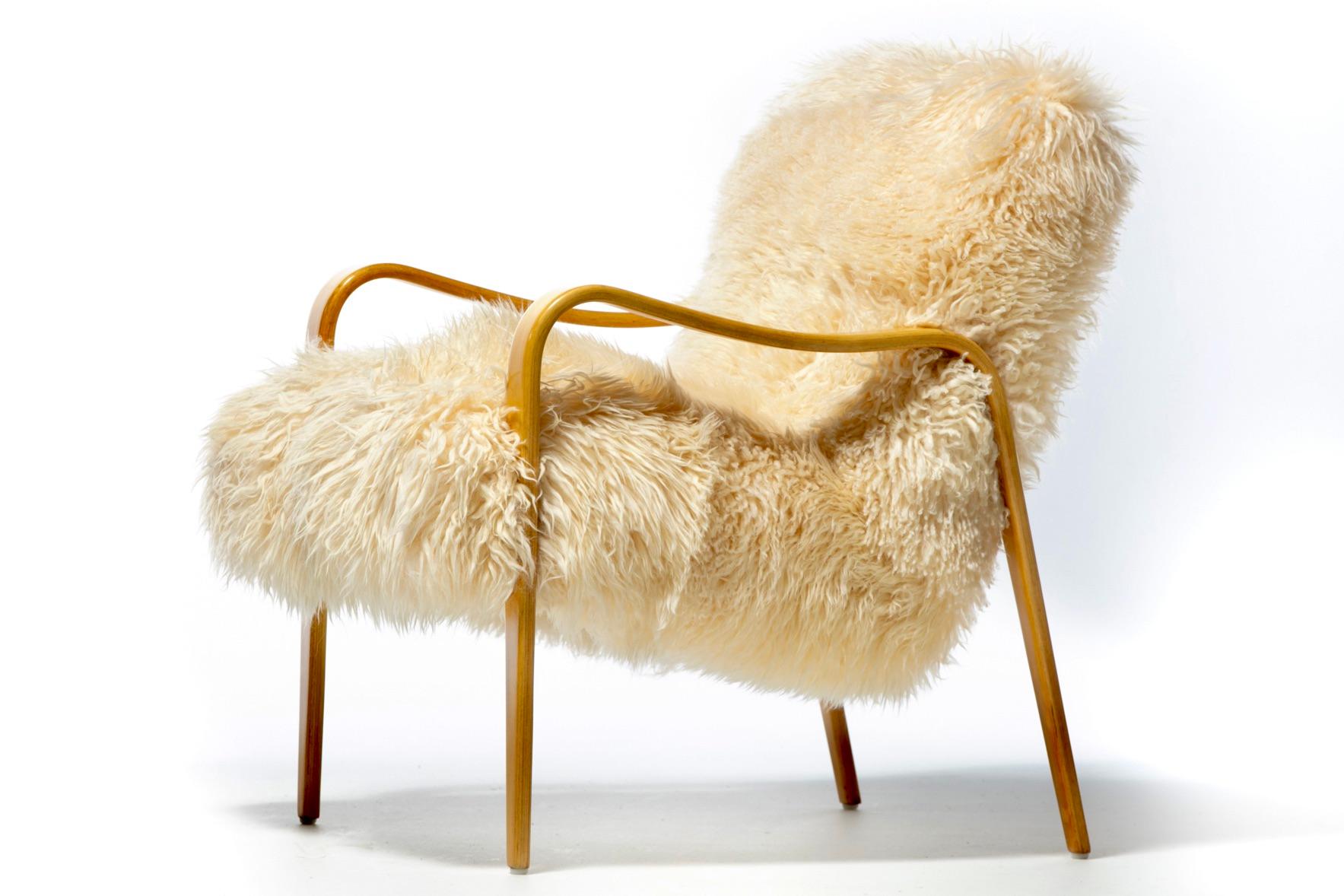 Pair of Vanilla Creme Sheepskin Lounge Chairs with Bentwood Arms by Thonet 3