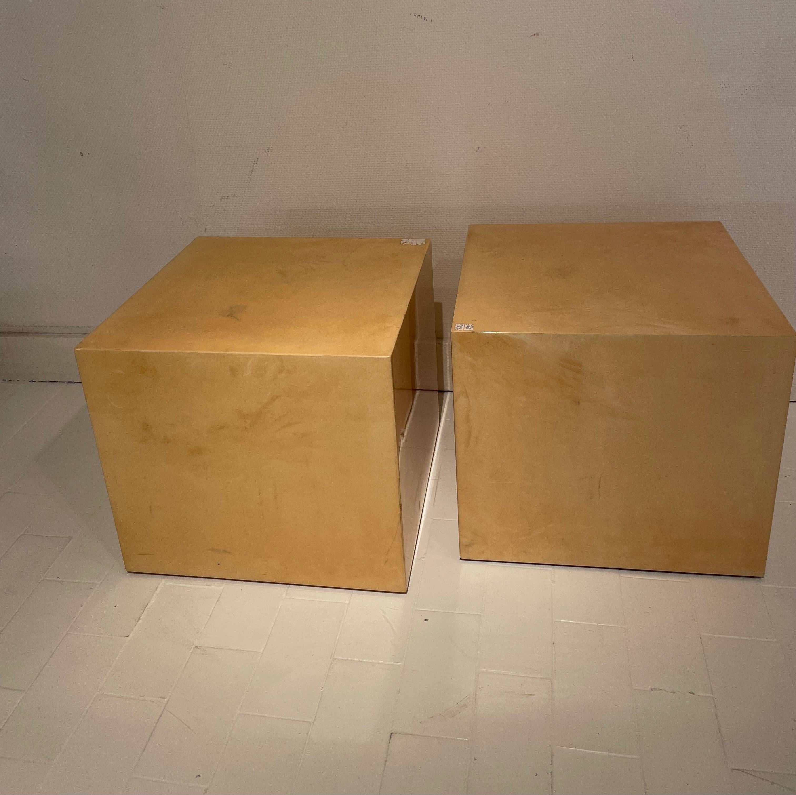 Varnished Pair of Varnish Goatskin Side Tables by Aldo Tura, Italy, 1960
