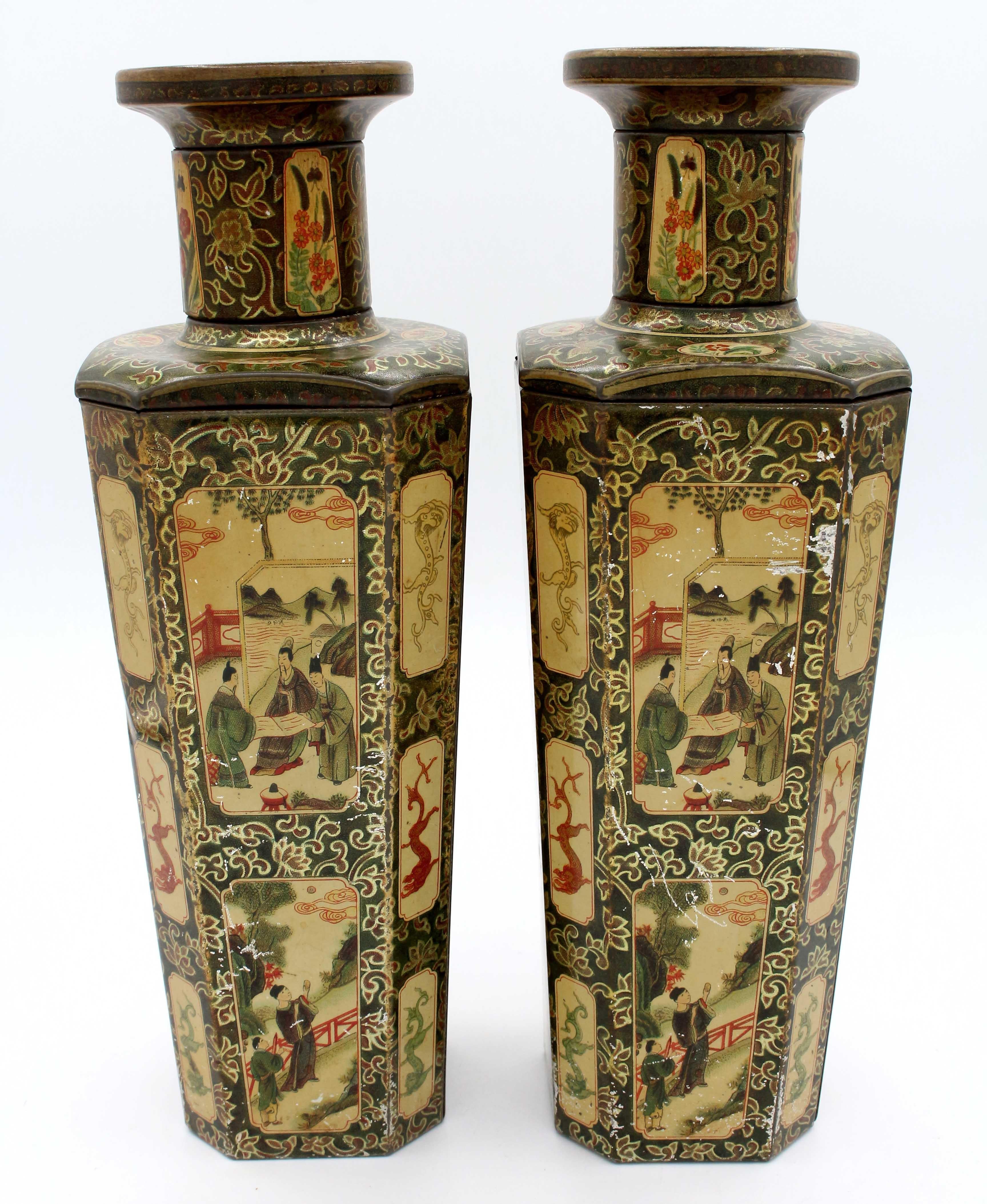 Pair of vase form biscuit tin boxes by Huntley & Palmers, 1928, English. Faux Worcester vases after the 18th century chinoiserie designs for garniture vases. Overall good condition given age & use, minor dents & nicks. This famous tin was offered in