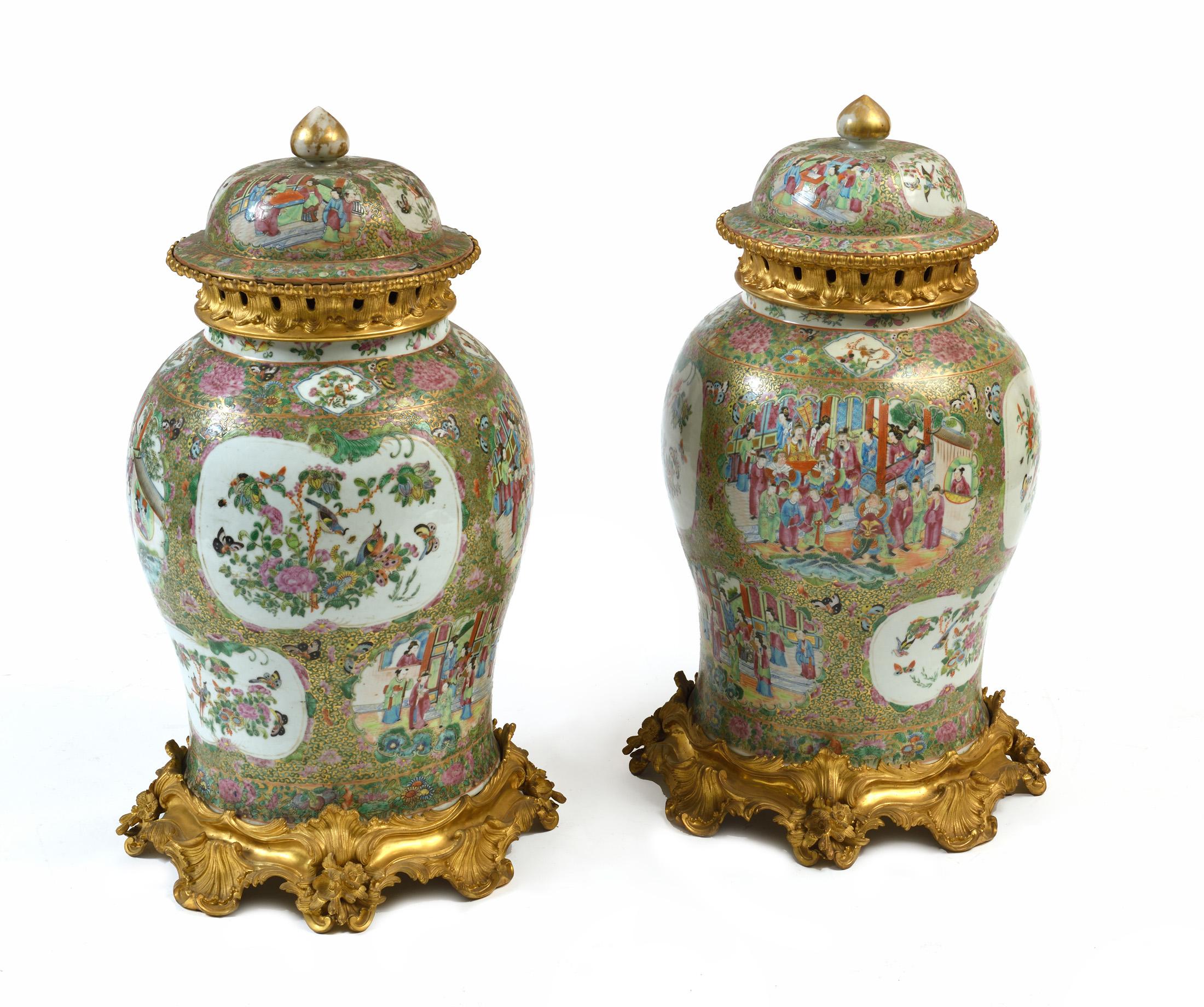 Une superbe paire de vases roses en porcelaine de canton avec médaillon.  bronze doré dans la base et le sommet des vases, probablement le bronze doré est plus tardif que la porcelaine autour de  1890  /1900