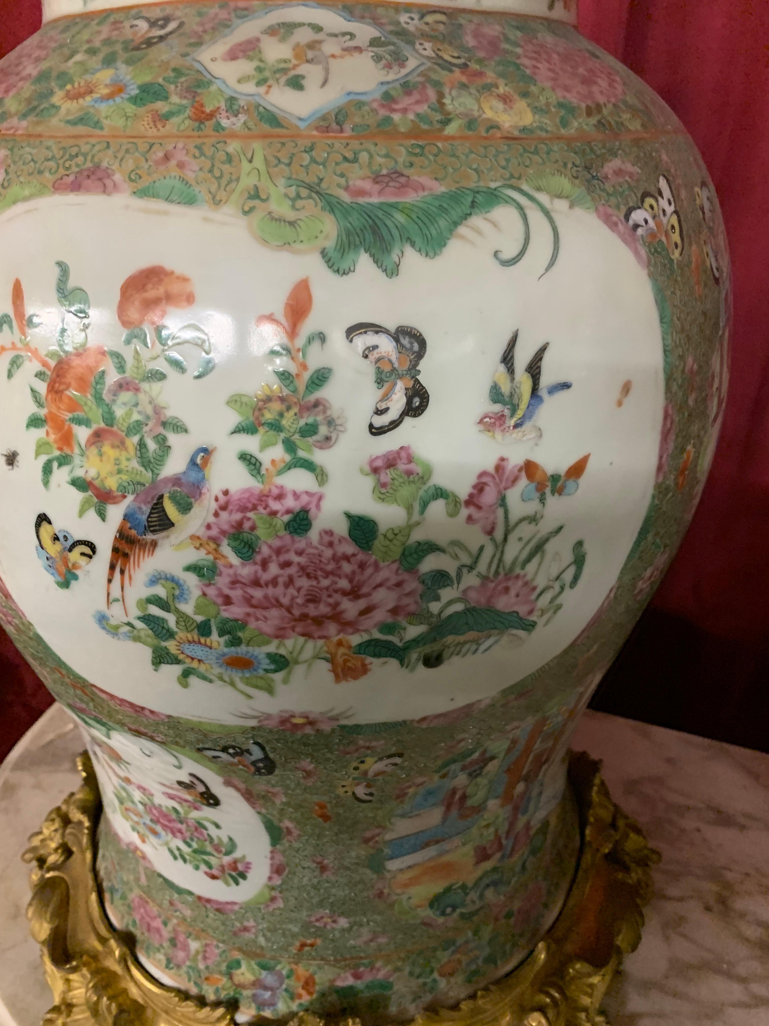 Gilt Pair of Vase rose medaillon Canton Porcelain with Ormolu Bronze For Sale