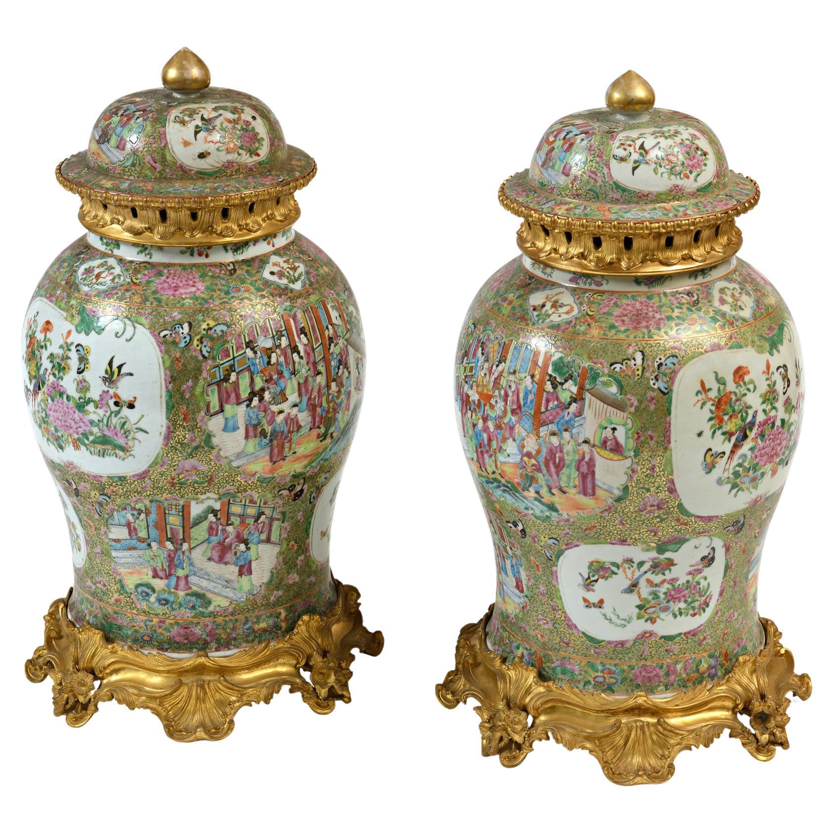 Paire de vases médaillon rose en porcelaine de Canton avec bronze doré