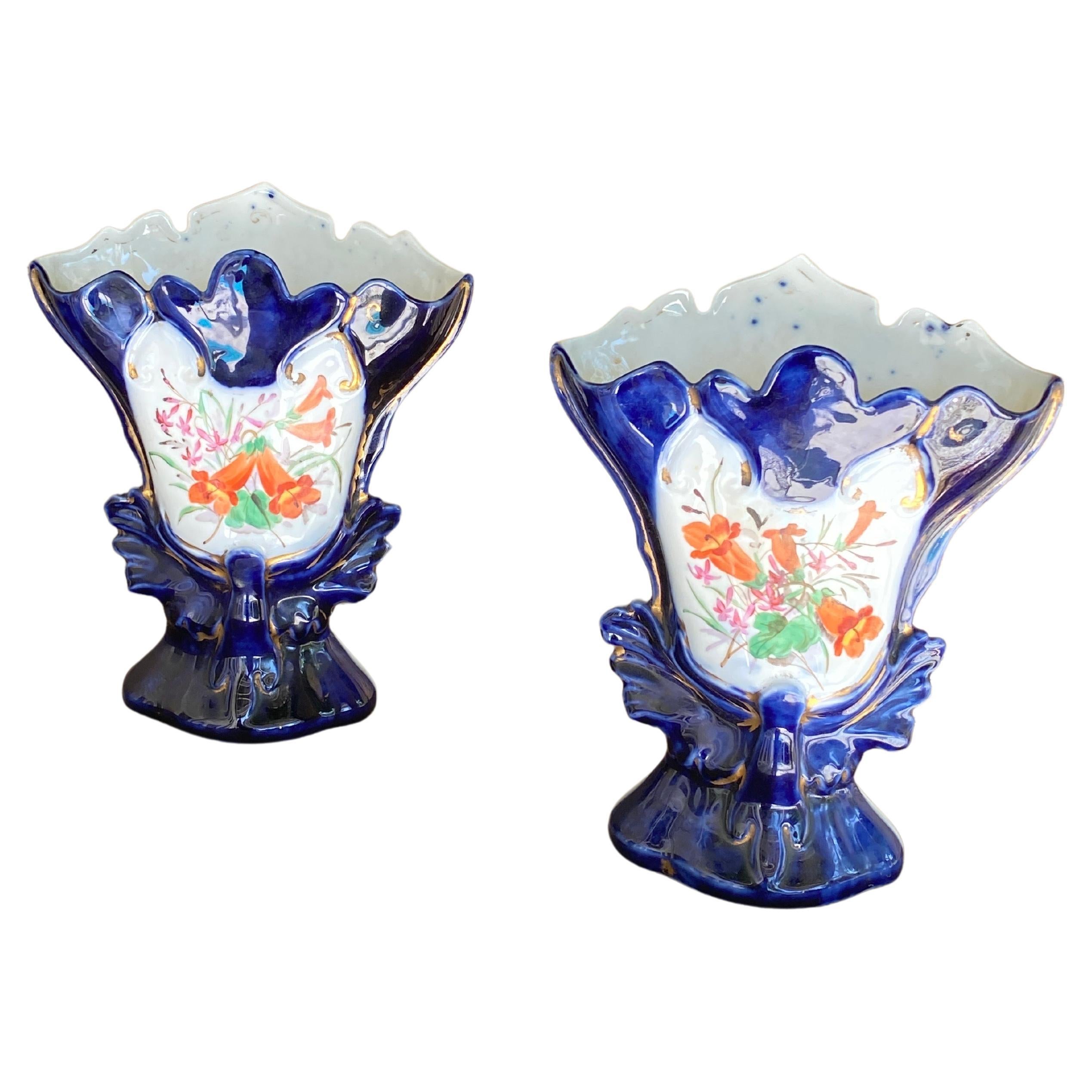 Pair of  vase Porcelain, Valentine, Old Paris, flowers pattern, France 1860