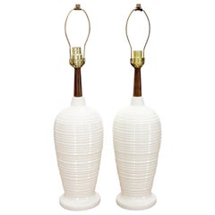 Pair of Vase Shape Glazed Ceramic Pottery Walnut Table Lamps