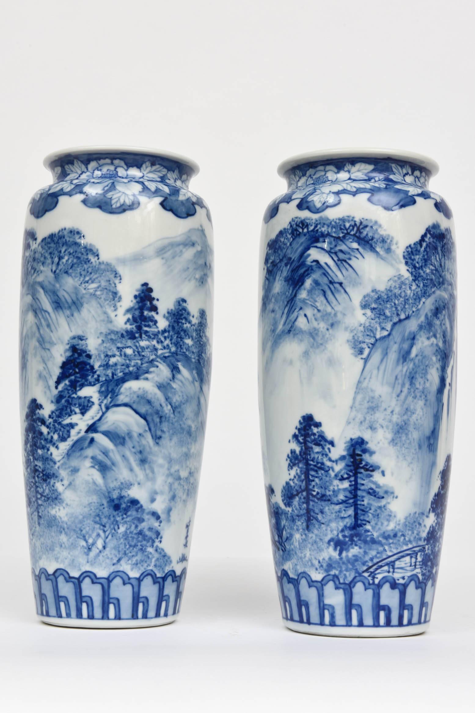 Anglo-Japanese Pair of Vases, Antique Blue and White Japanese, Signed