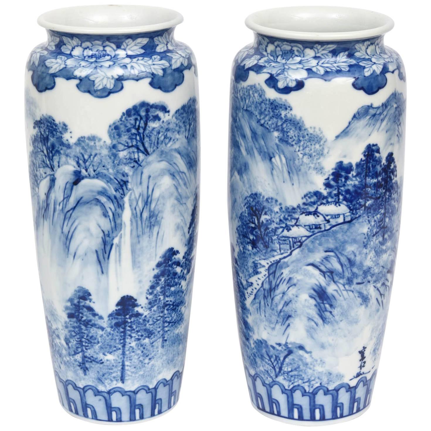 Pair of Vases, Antique Blue and White Japanese, Signed