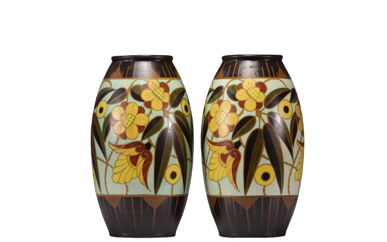 Art Deco Pair of Vases by Boch Freres Keramis after Charles Catteau. For Sale