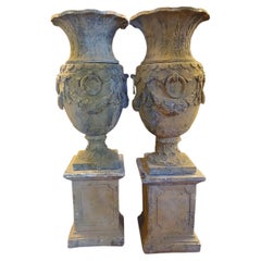 Pair of Vases Carved in Grey Stone, Complete with Base, 19th Century Italy