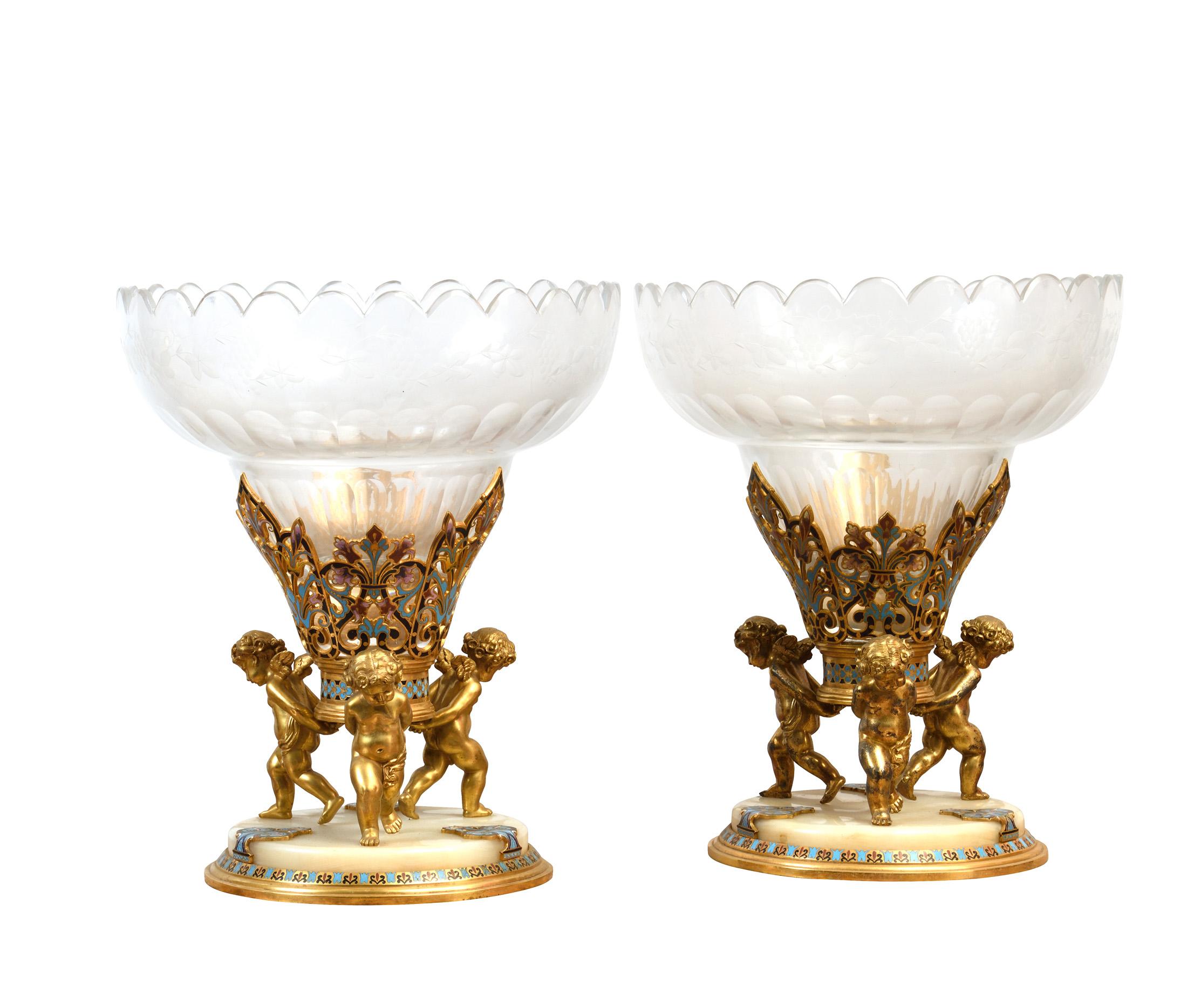 French Pair of Vases Champleve, Enameled Crystal and Bronze  For Sale