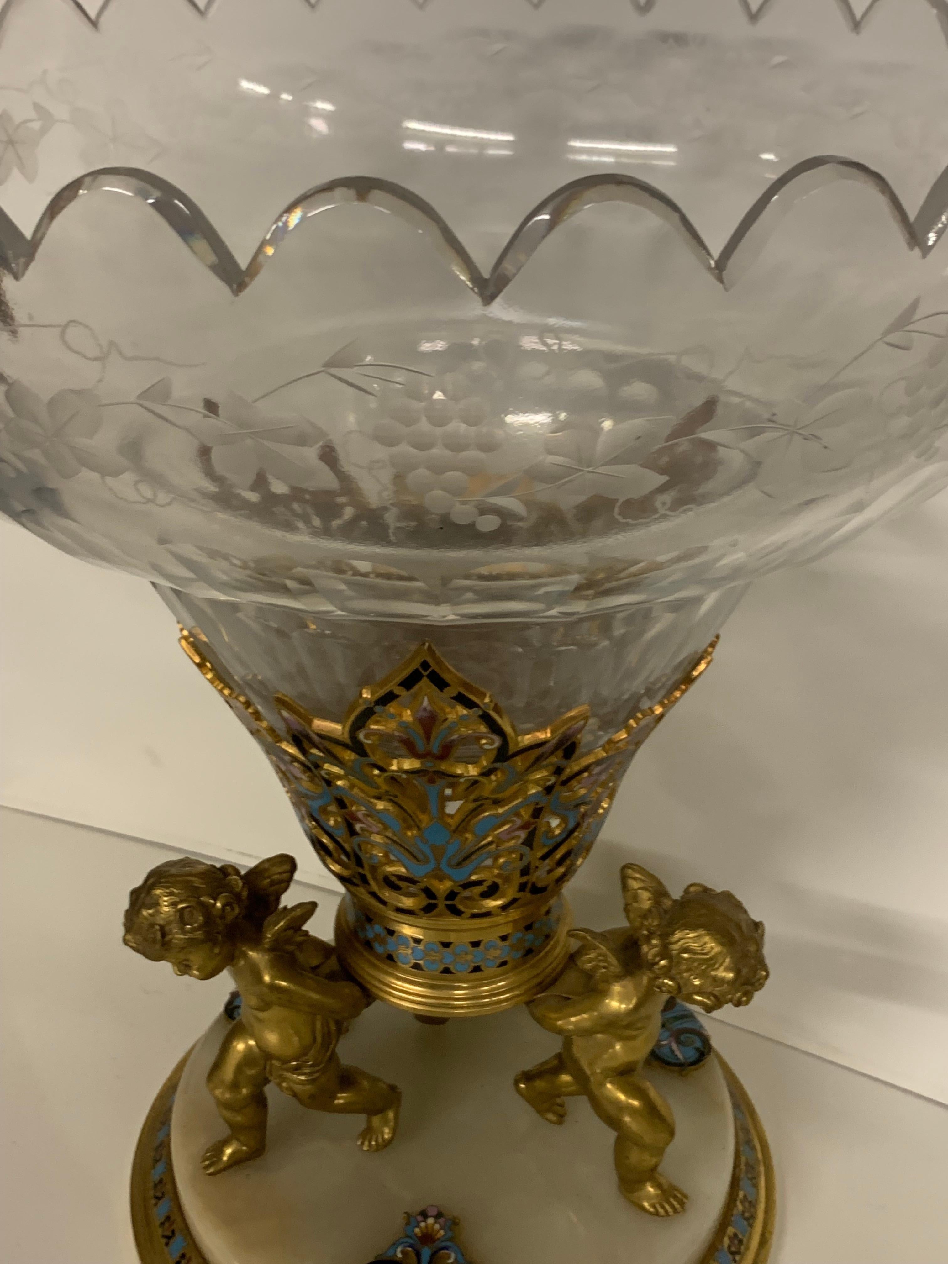 Pair of Vases Champleve, Enameled Crystal and Bronze  In Good Condition For Sale In Los Angeles, CA
