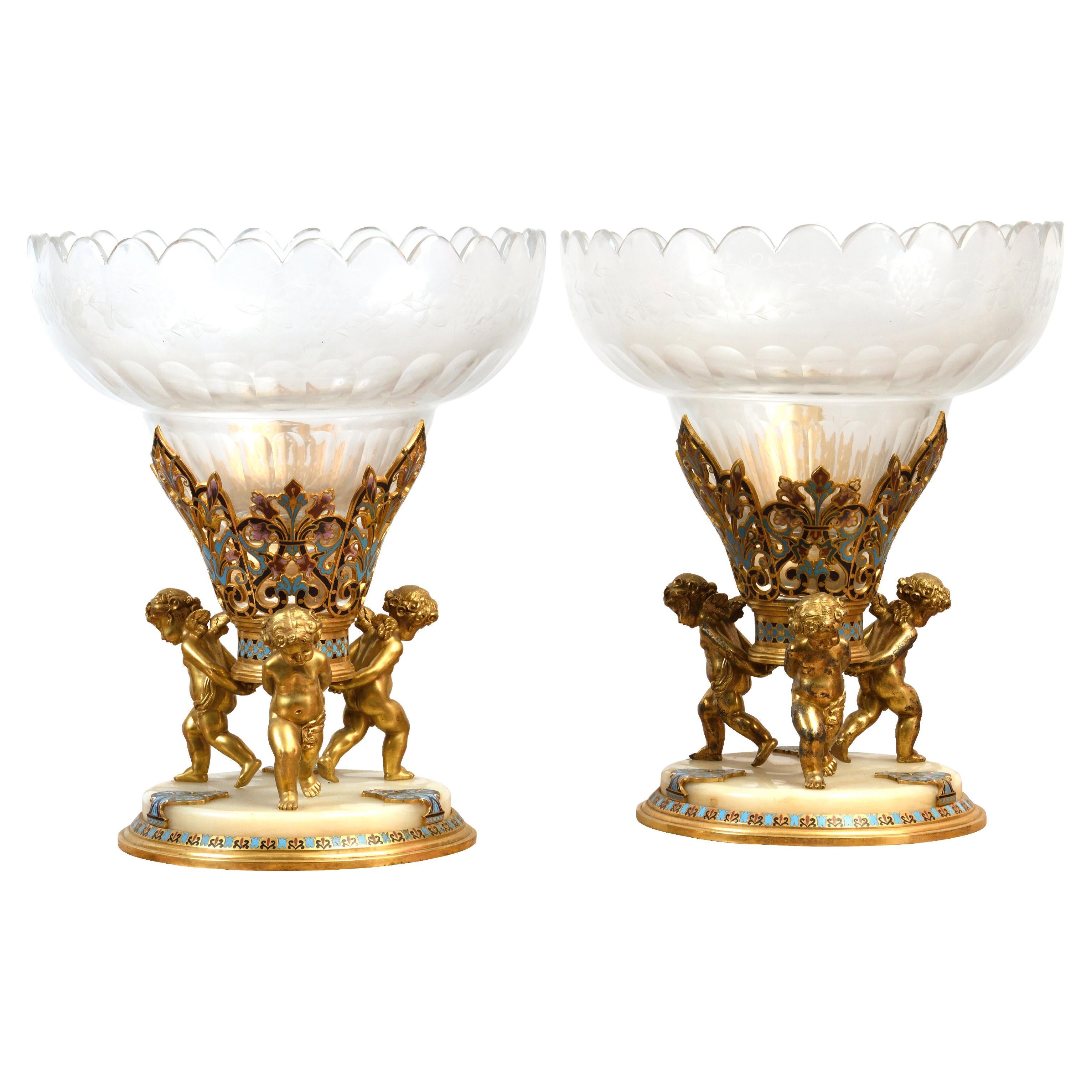 Pair of Vases Champleve, Enameled Crystal and Bronze  For Sale
