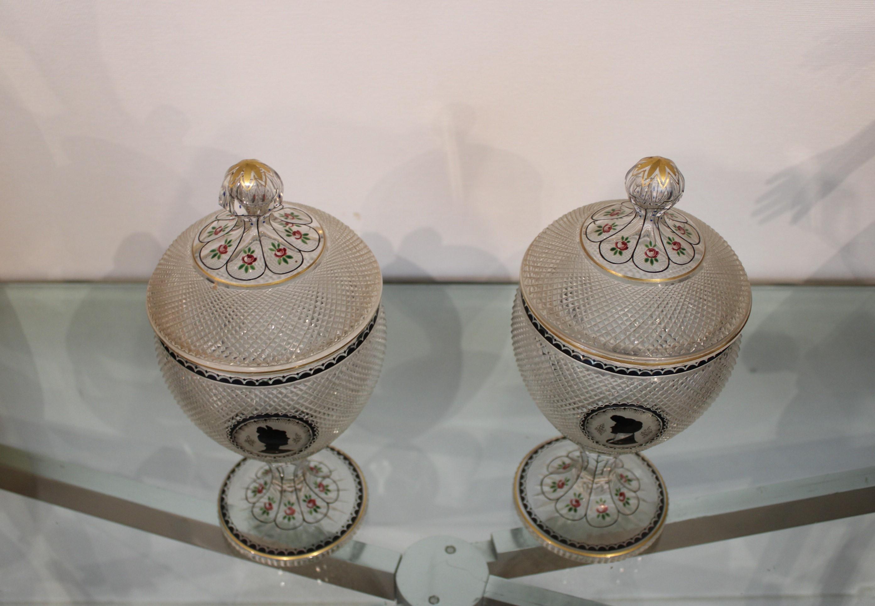 French Pair of Vases Covered in Bohemian Crystal For Sale