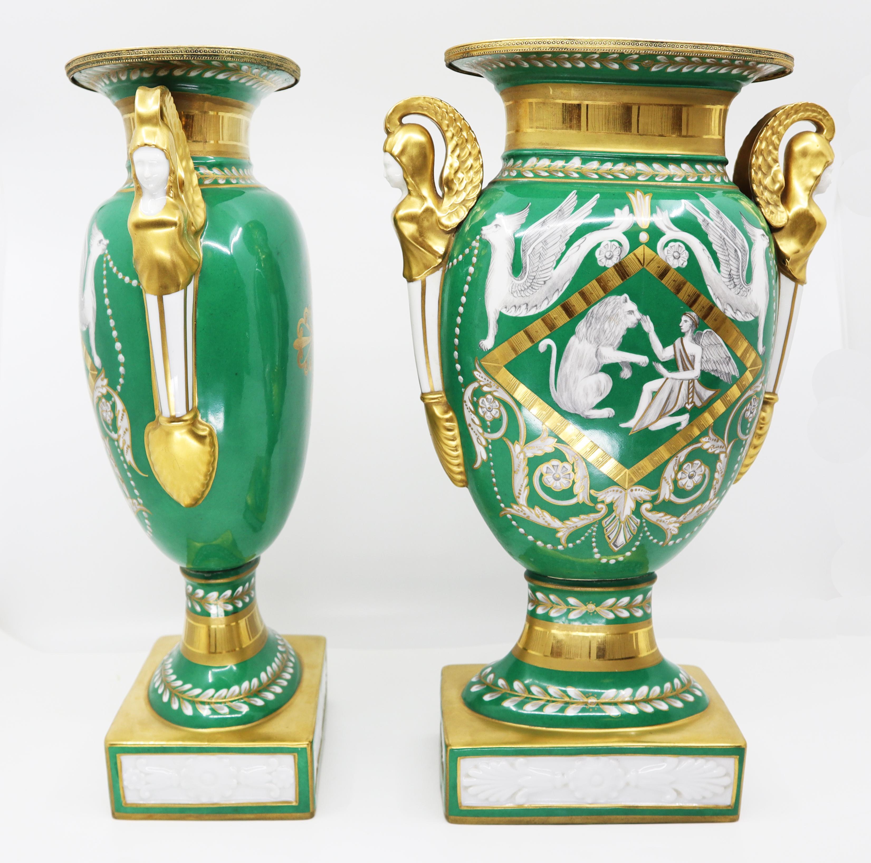 Pair of vases, Empire style, 19th century, Paris
Decorated with neoclassical design pattern in white and gold against a green background
Dimensions: 40 H x 20 W x 12cm (Approx).
 
Shipping included 
Free and fast delivery door to door by