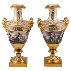 Antique Pair of vases. Enameled and gilded porcelain. Paris, France, Period Directory