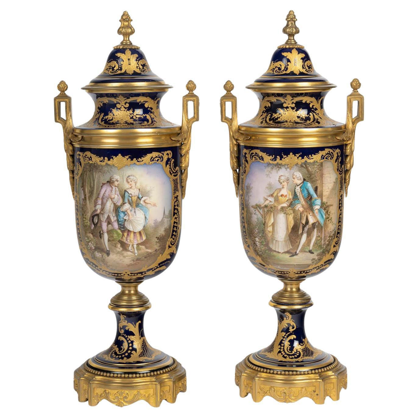 Pair of Vases, Enameled and Gilt Porcelain, Gilt Bronze, the XIXᵉ Century. For Sale