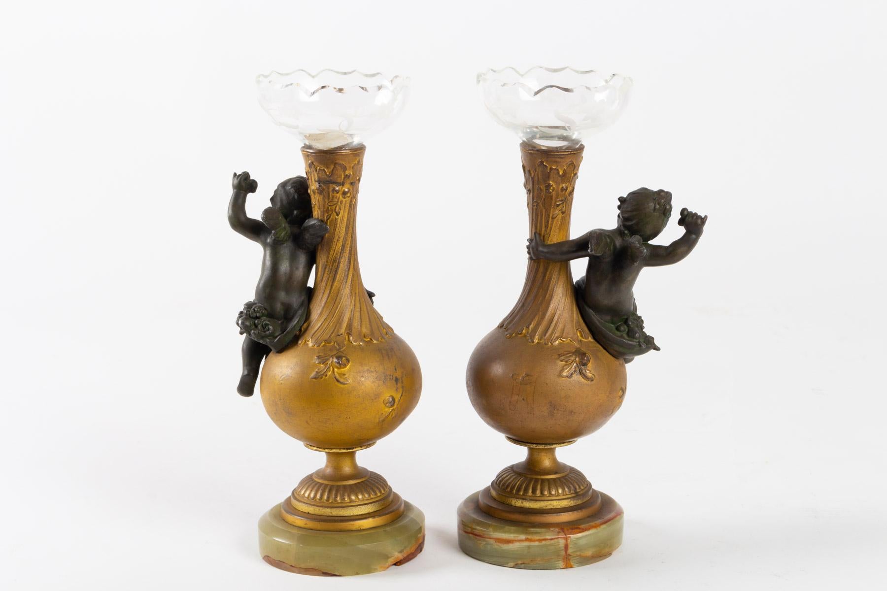 Pair of Vases for 1 Flower Head, Signed Moreau, Napoleon III Period in Golden 1