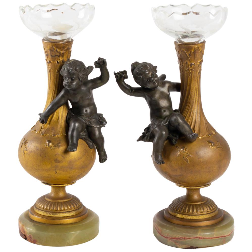 Pair of Vases for 1 Flower Head, Signed Moreau, Napoleon III Period in Golden