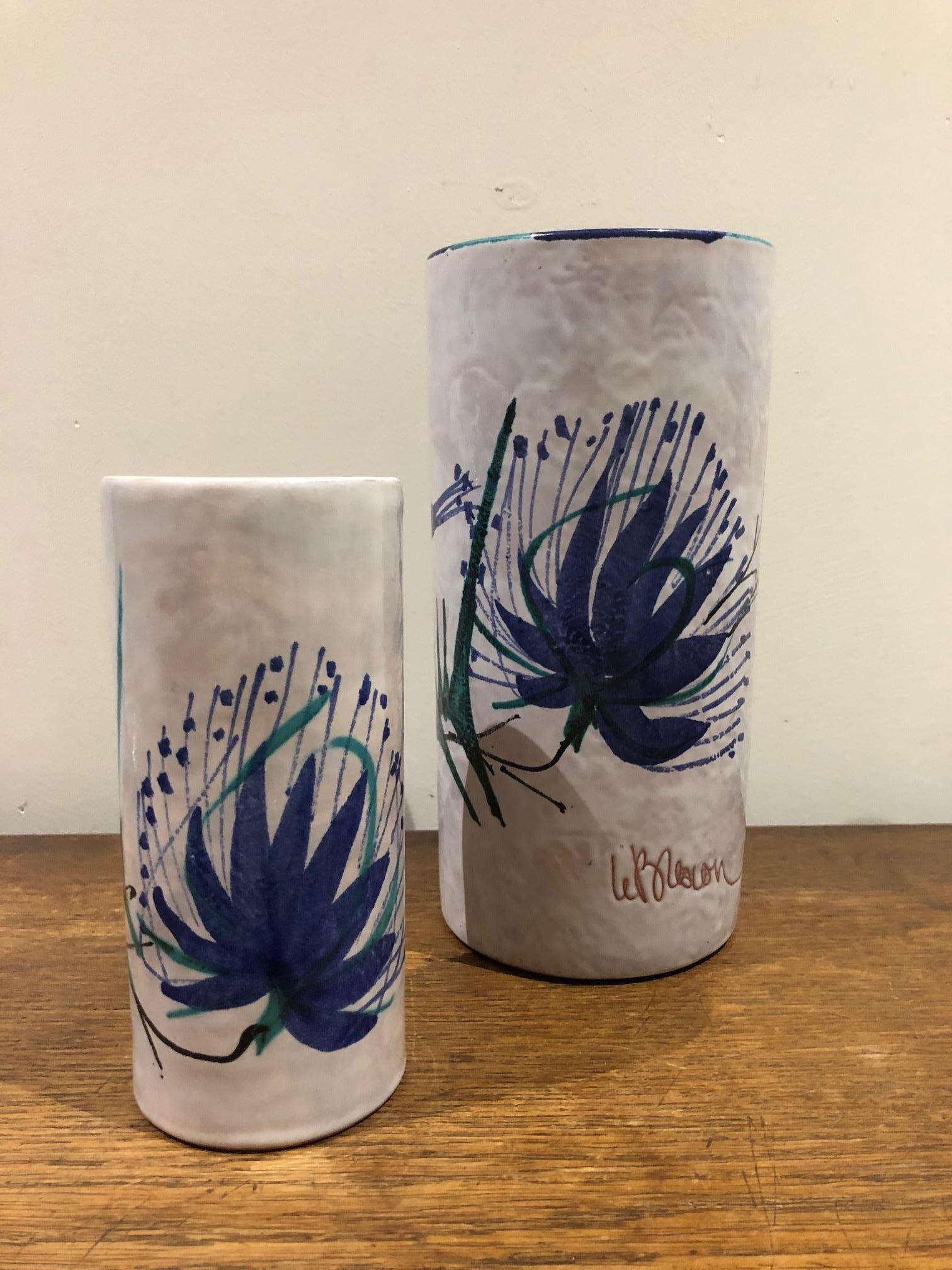 Pair of ceramic vases produced in Vallauris in the 1950s, hand painted by Le Brescon.