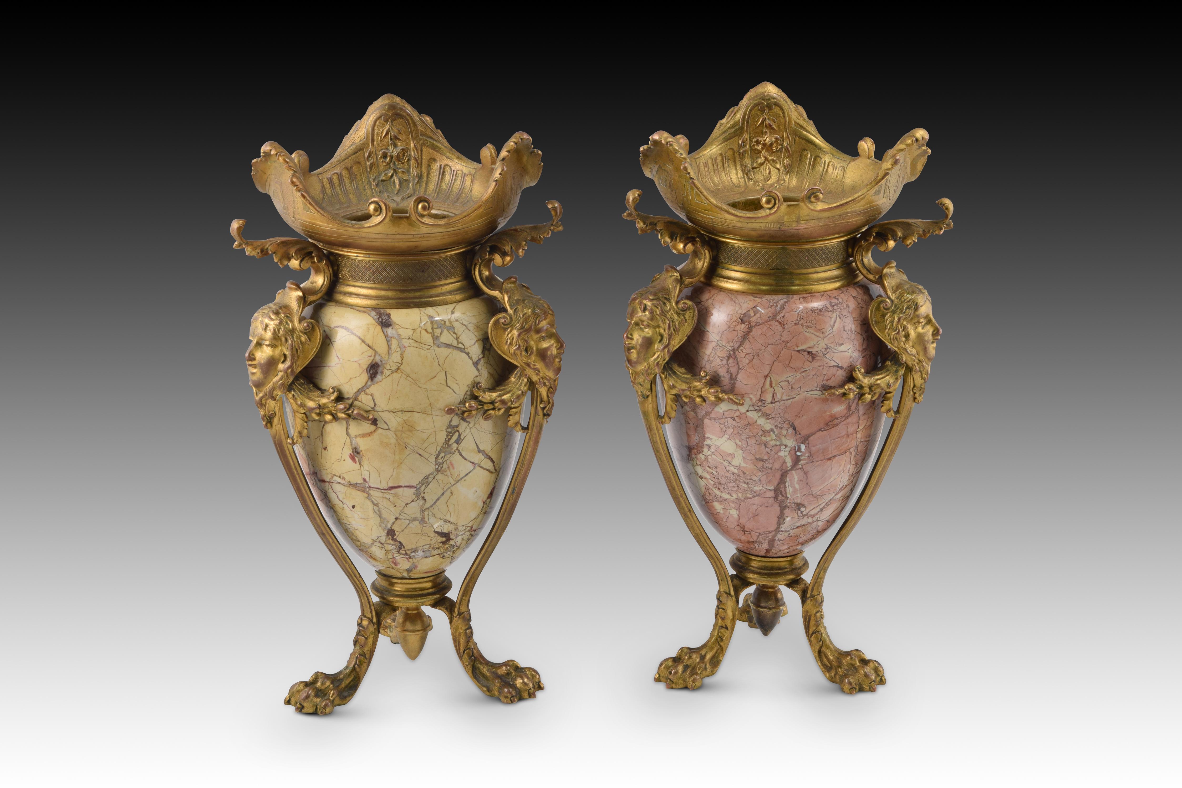 Neoclassical Revival Pair of Vases. Gilded Bronze, Veined Marble. France, Late 19th Century