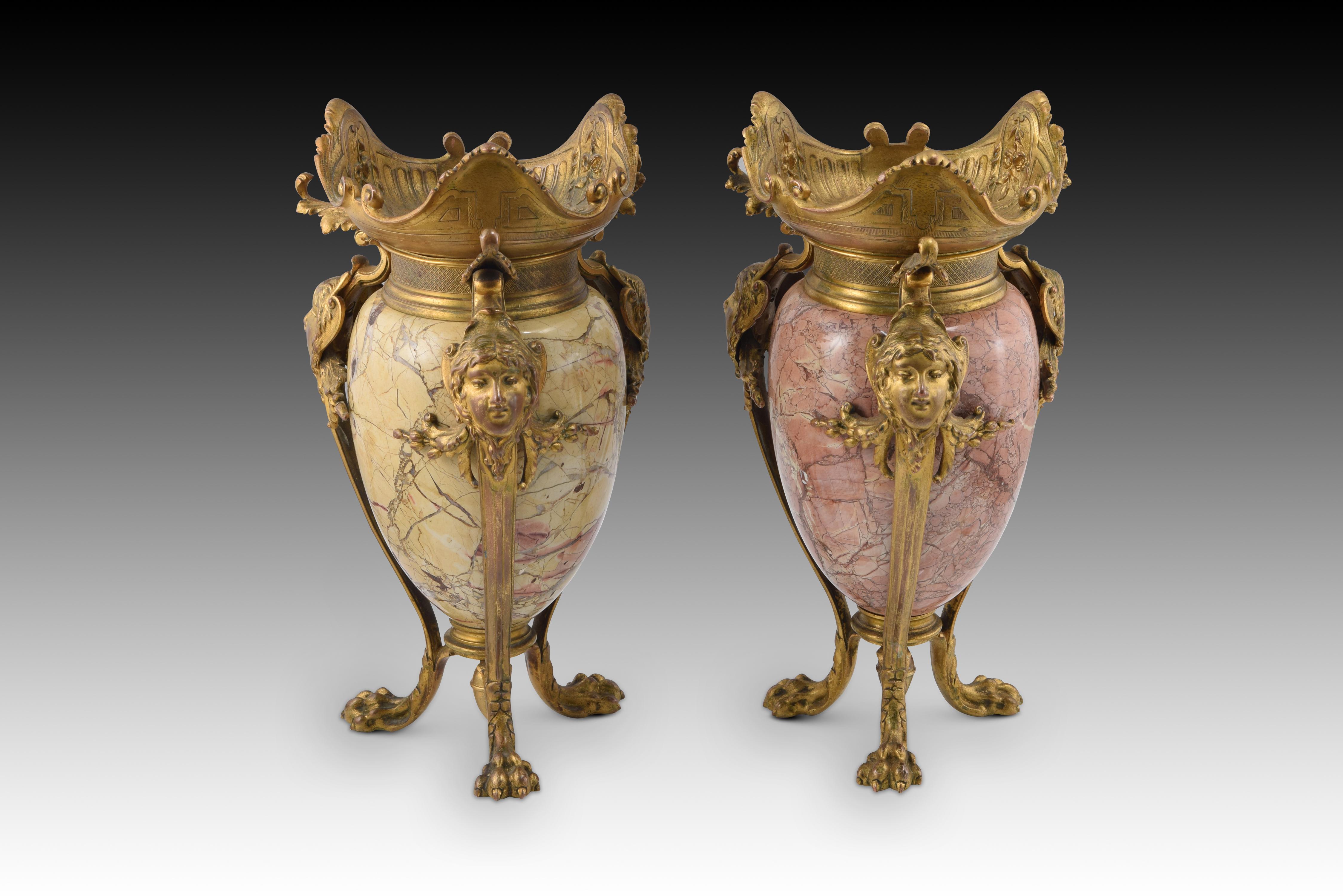 French Pair of Vases. Gilded Bronze, Veined Marble. France, Late 19th Century