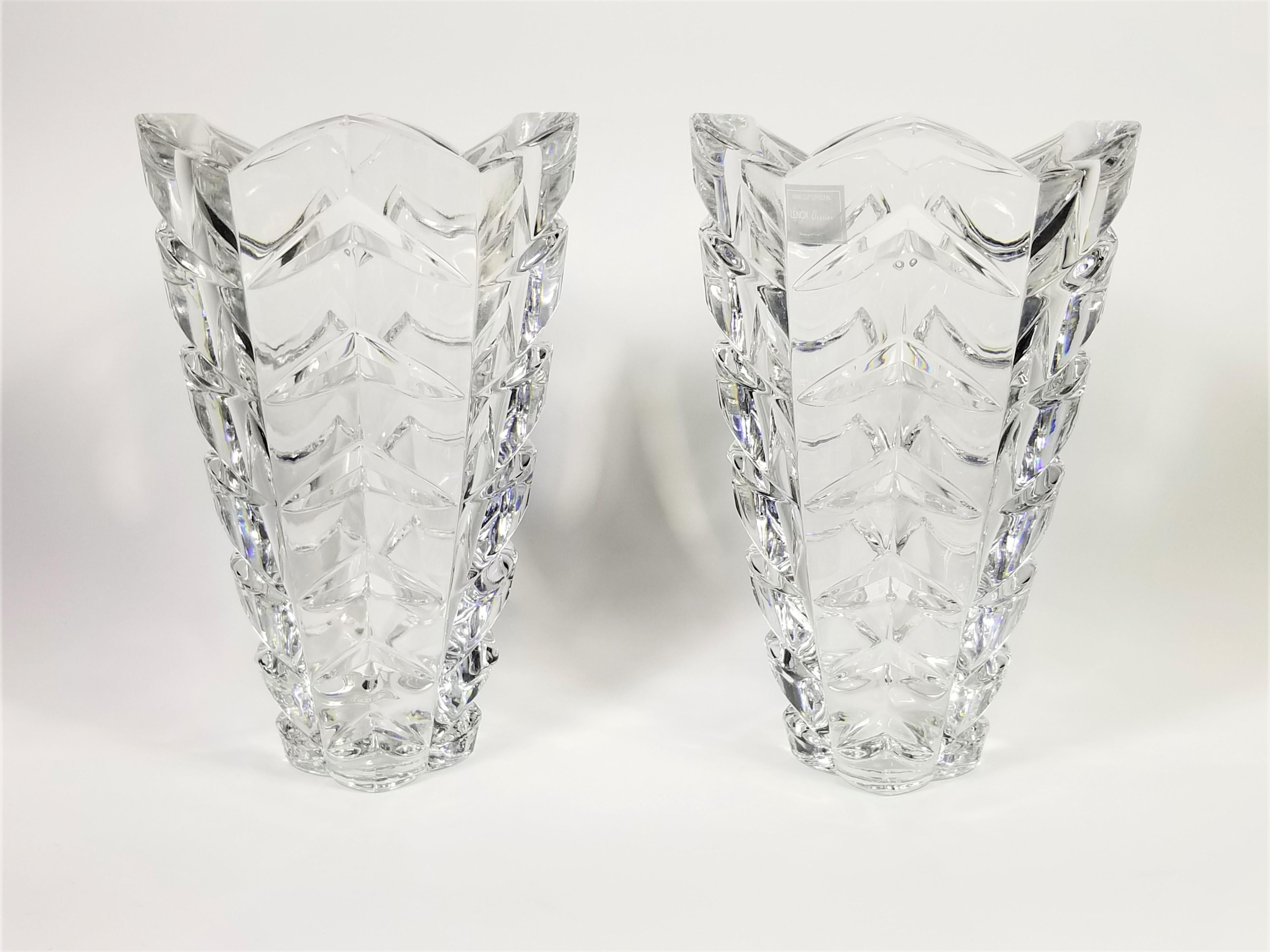 Pair or Hand Cut Crystal Vases by Lenox. Made in Germany. Heavy Substantial Weight. Art Deco Design. Still retains original marking stickers. Excellent Condition. 