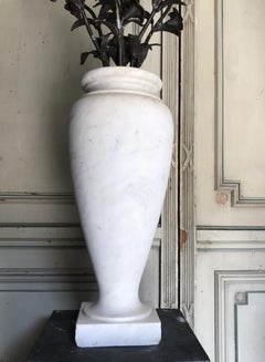 Pair Of Vases In Carrara Marble, Bronze Flower Bouquet