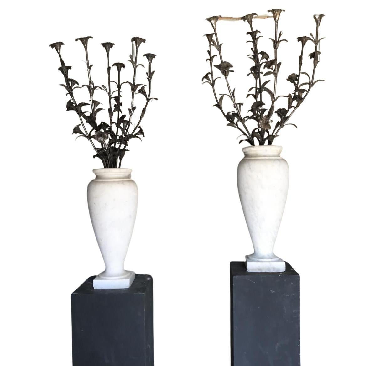 Pair Of Vases In Carrara Marble, Bronze Flower Bouquet For Sale