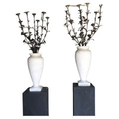 Pair Of Vases In Carrara Marble, Bronze Flower Bouquet