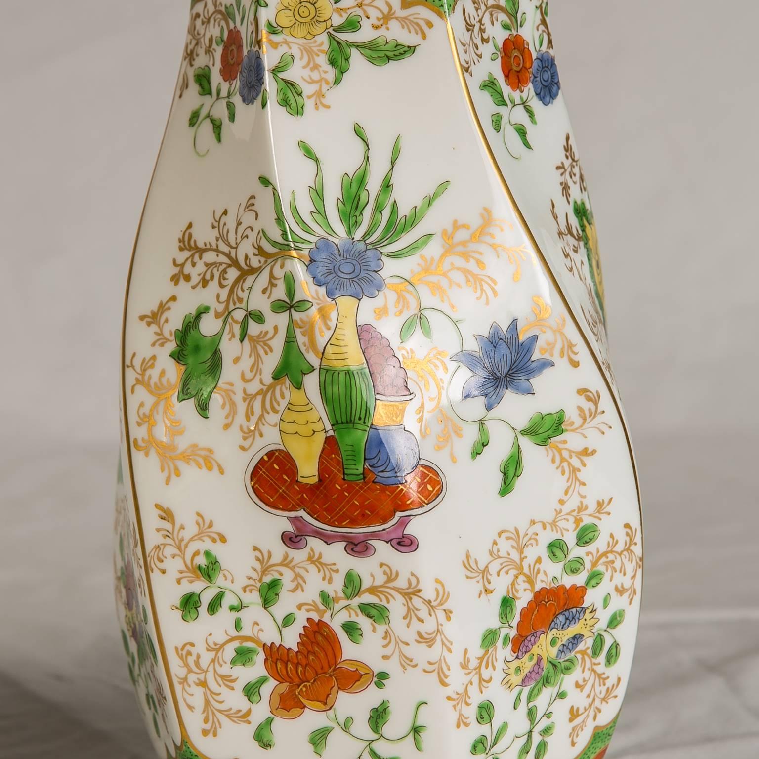 Hand-Painted Pair of Vases in Dragon in Compartments Pattern