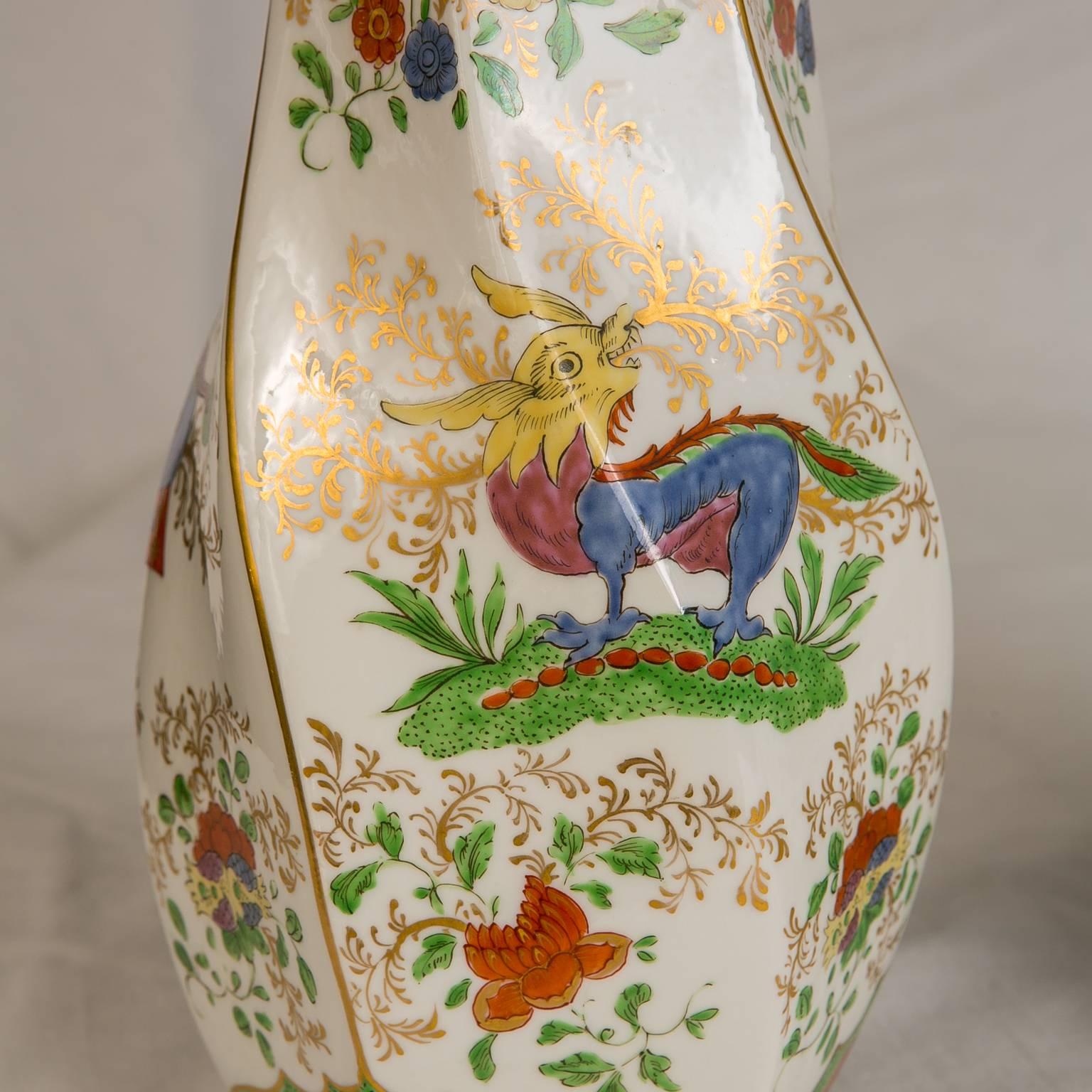 20th Century Pair of Vases in Dragon in Compartments Pattern