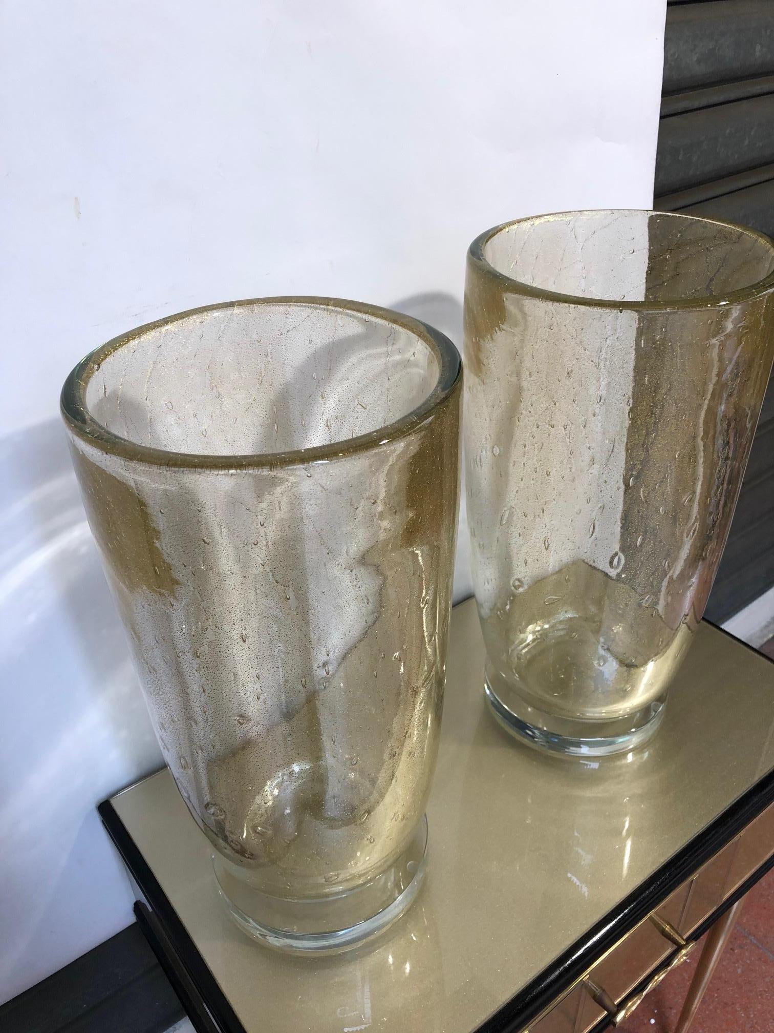 Italian Pair of Vases in Gold Murano Glass Signed “Toso Murano”