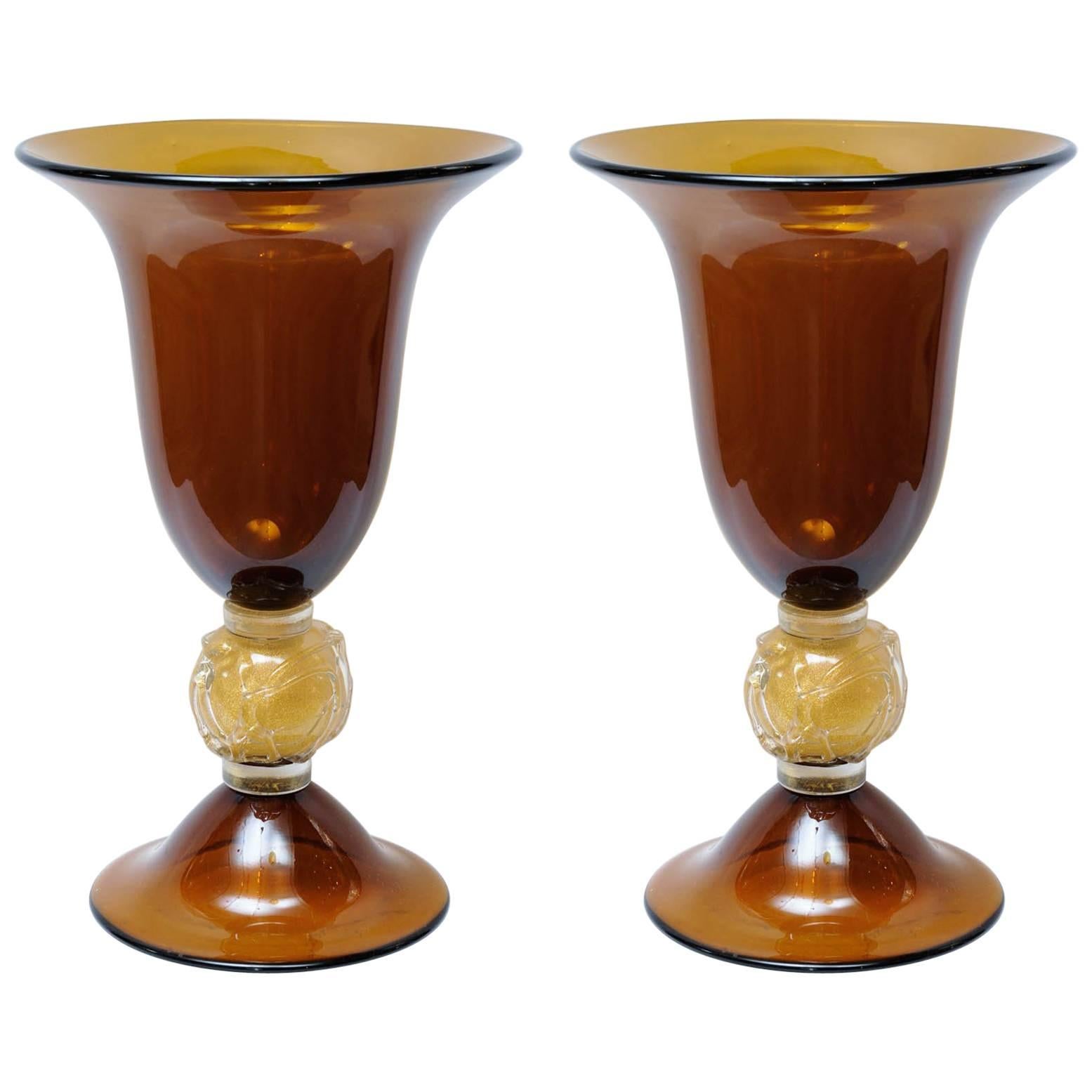 Pair of Vases in Murano Glass Signed “Toso Murano”