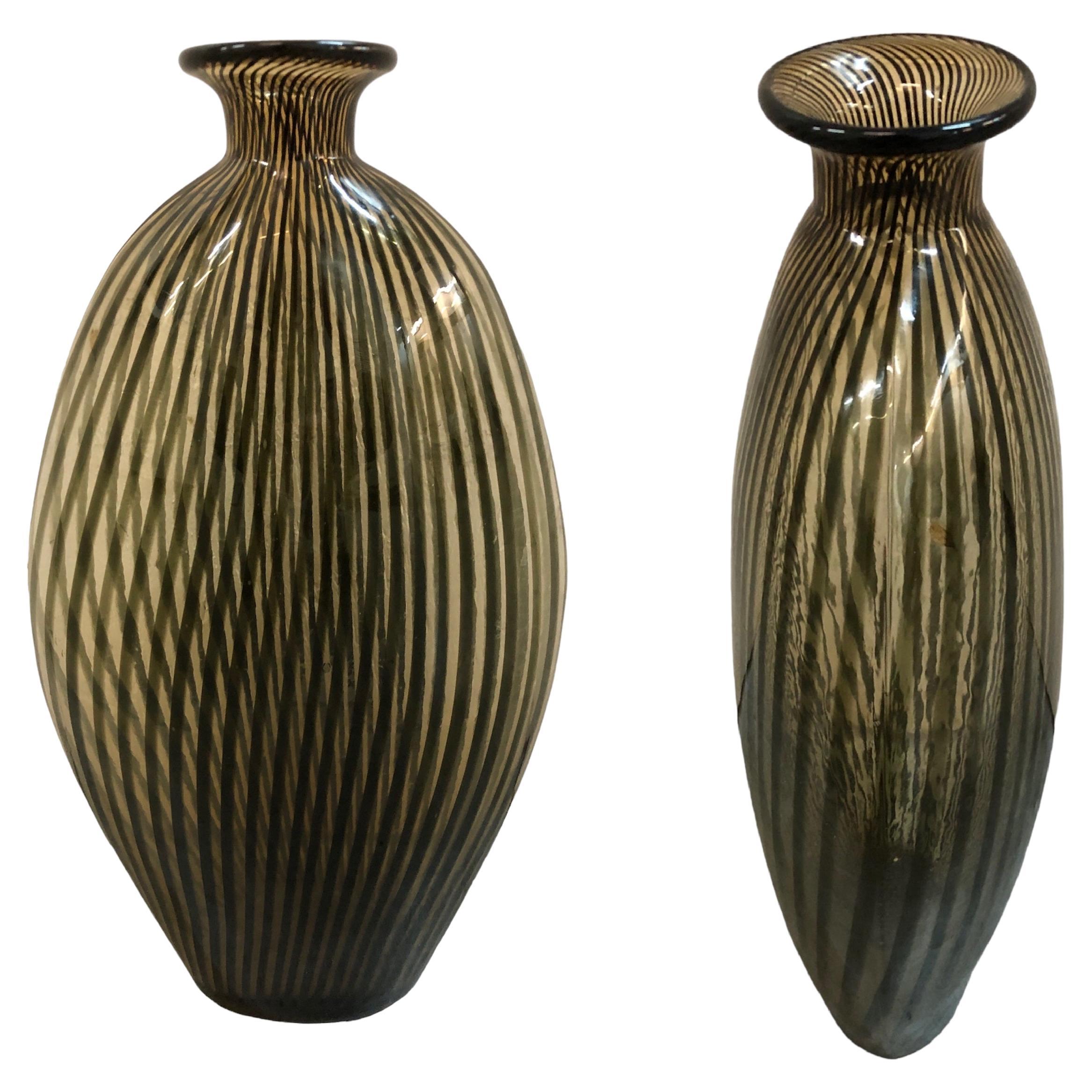 Pair of Vases in Murano green and white color,  1970, Italian