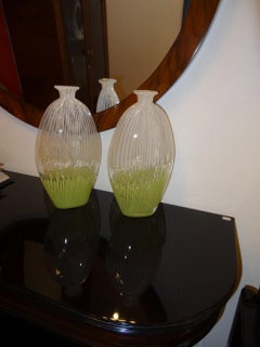 Pair of Vases in Murano Light Green and White Color, 1970, Italian