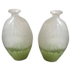 Pair of Vases in Murano Light Green and White Color, 1970, Italian