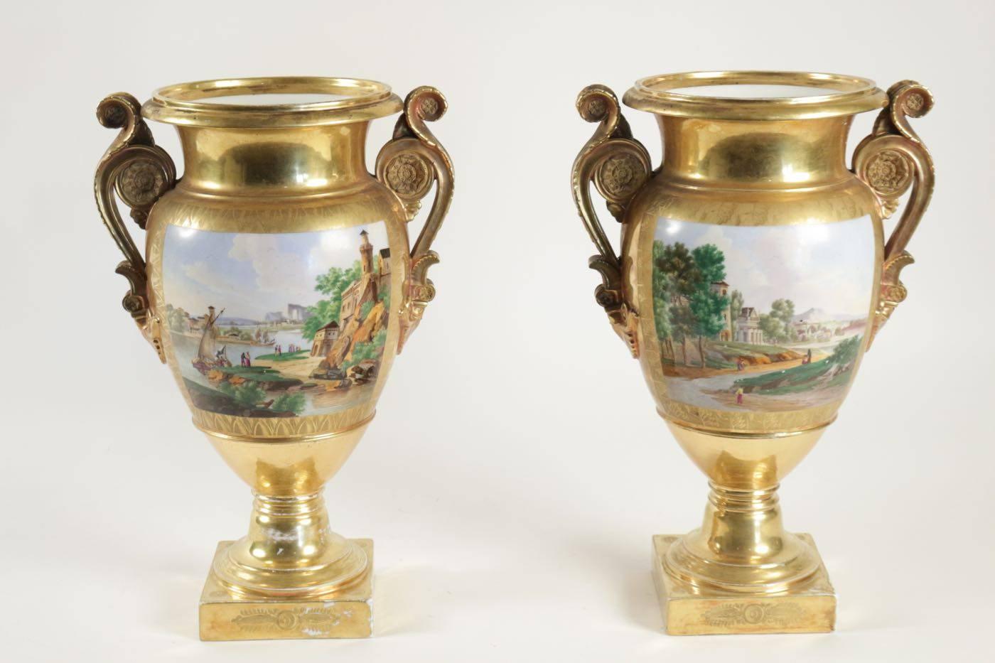 Pair of vases in old Paris porcelain, period Charles X, circa 1830. Highly decorative, and impressive size, 19th century.
 