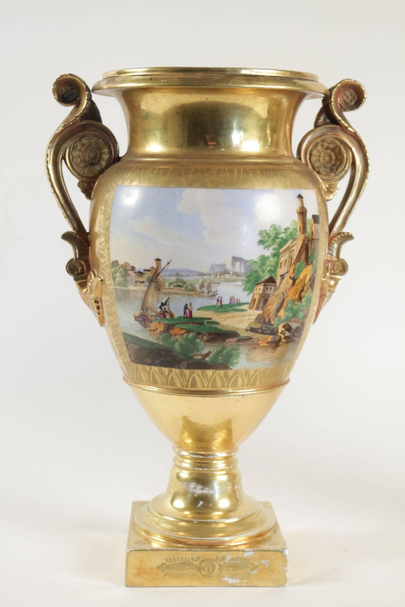 French Pair of Vases in Old Paris Porcelain, Period Charles X