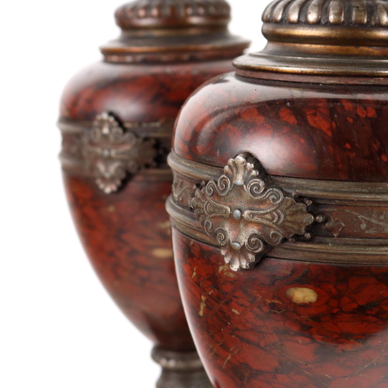 Early 19th Century Pair of Vases in Rouge Griotte Marble, France, Late 1800s