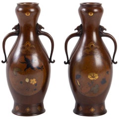 Pair of Vases Japan, 19th Century, Meije Period, Bronze and Gold