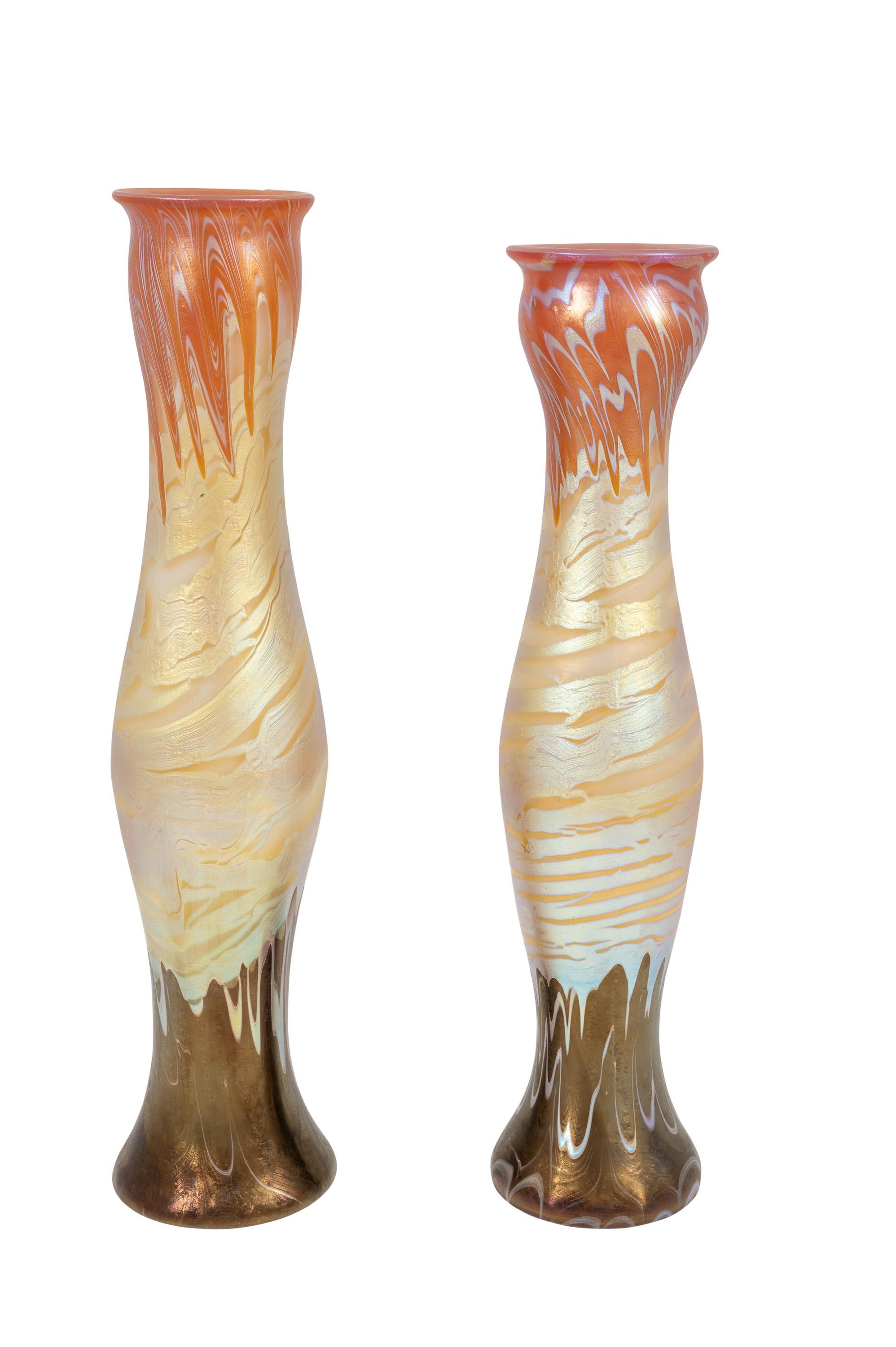 Pair of vases, manufactured by Johann Loetz Witwe, Phenomen Genre 358 decoration, circa 1900, Austrian Jugendstil Glass

This pair of vases is an extraordinary example of the Loetz manufactory its capability for design. The Phenomen Genre 358