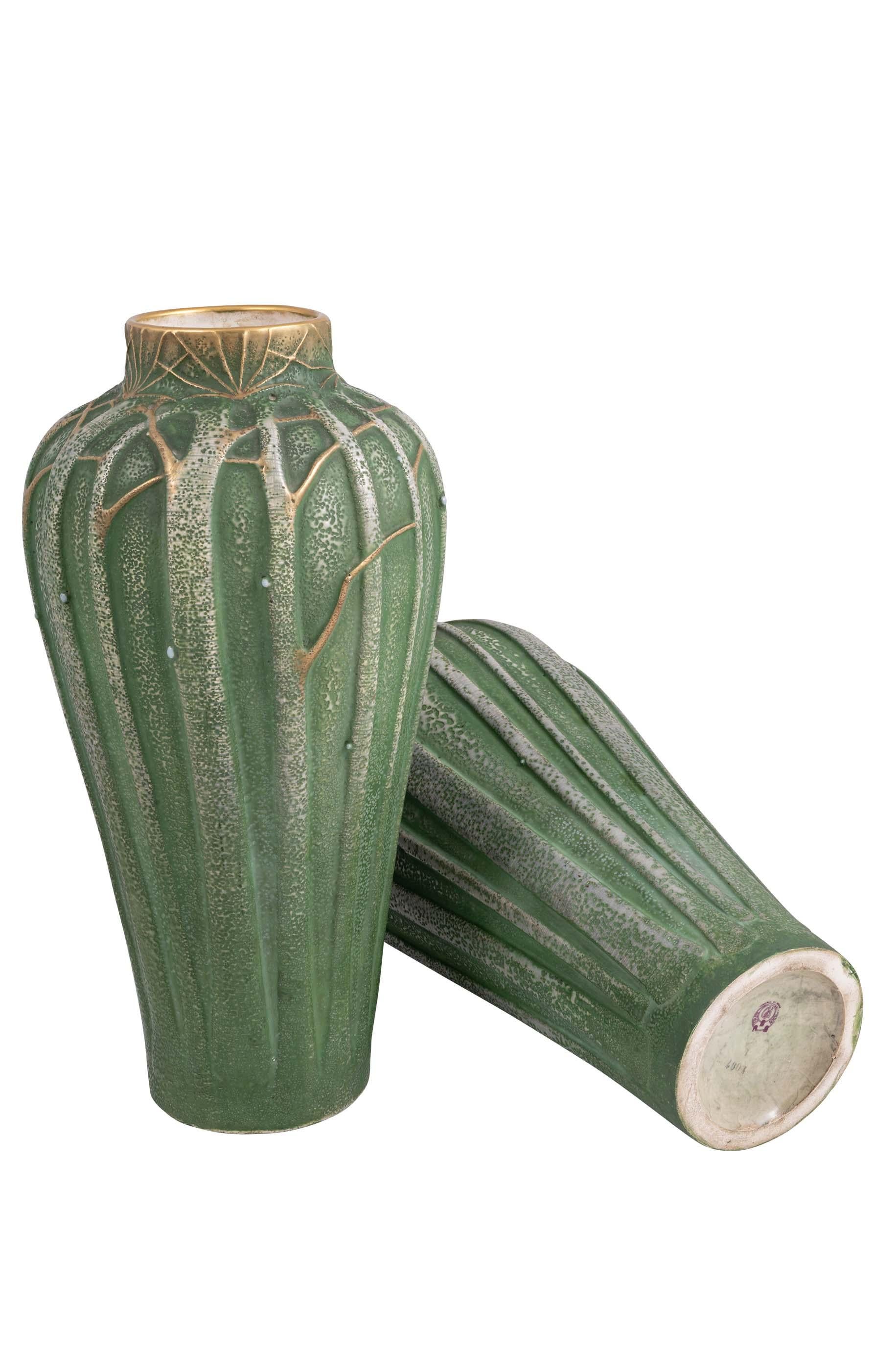 Enameled Pair of Vases Paul Dachsel Art Nouveau Amphora circa 1906 Ivory Porcelain Green