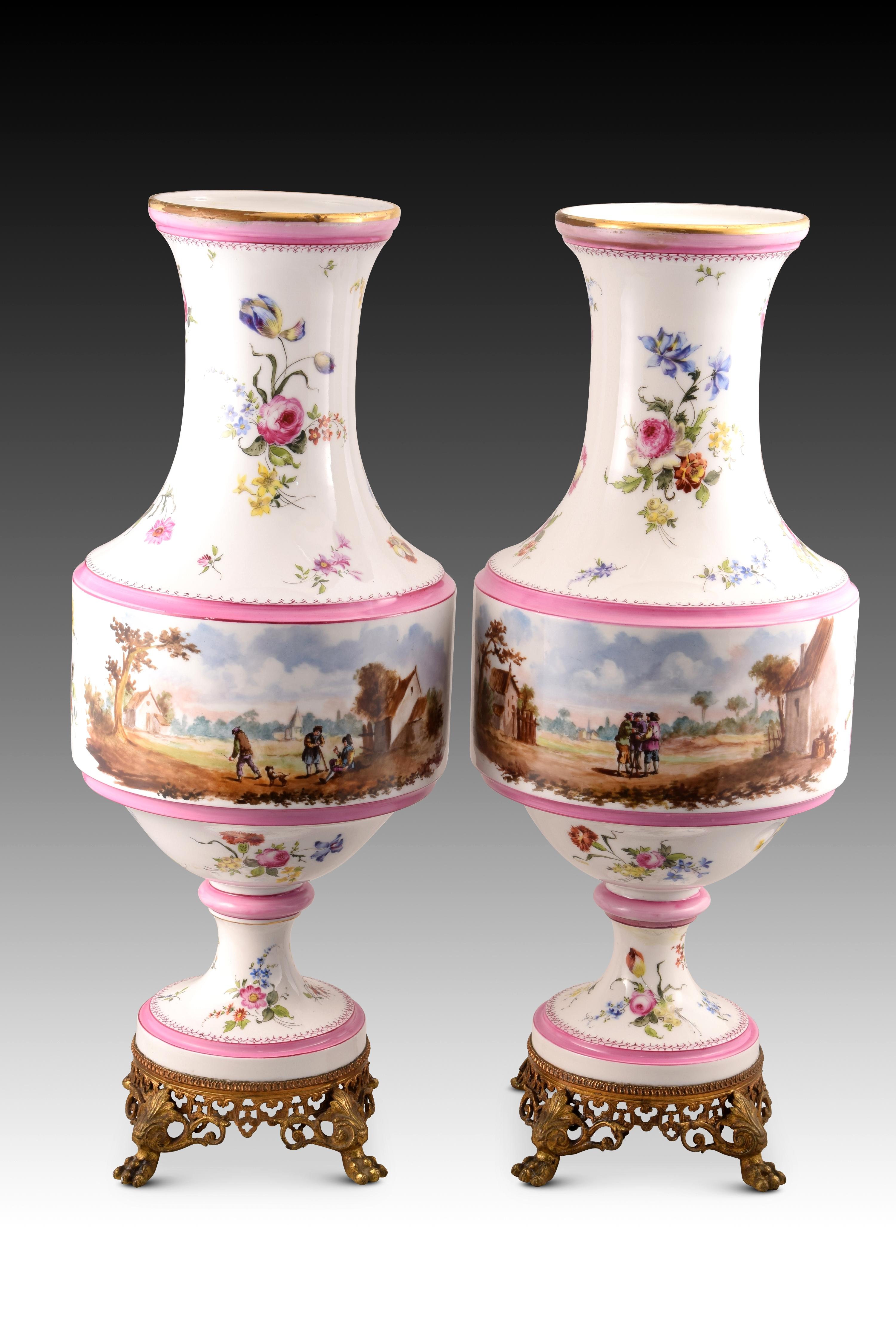 Neoclassical Revival Pair of Vases, Porcelain, Metal, 19th Century For Sale