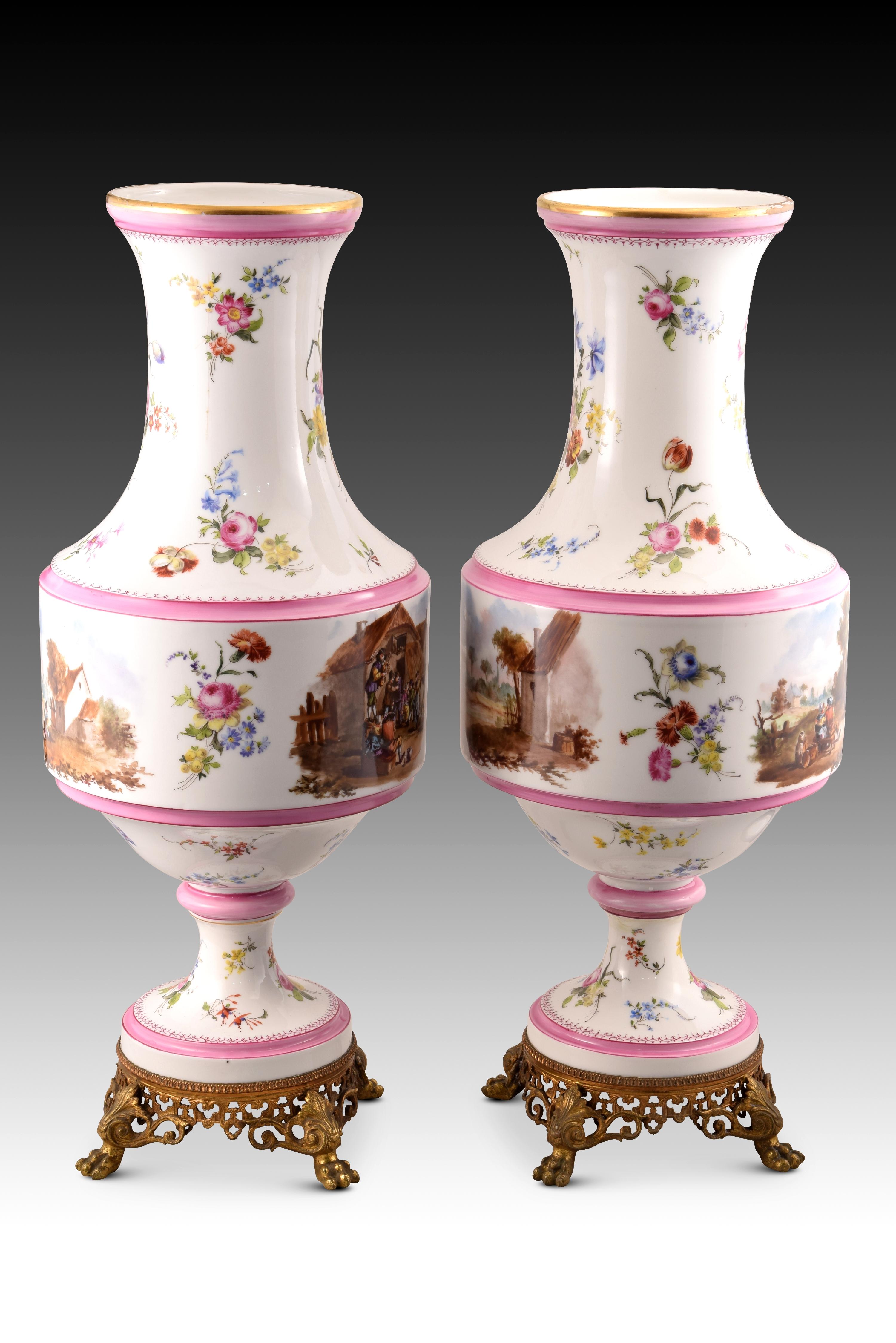 European Pair of Vases, Porcelain, Metal, 19th Century For Sale